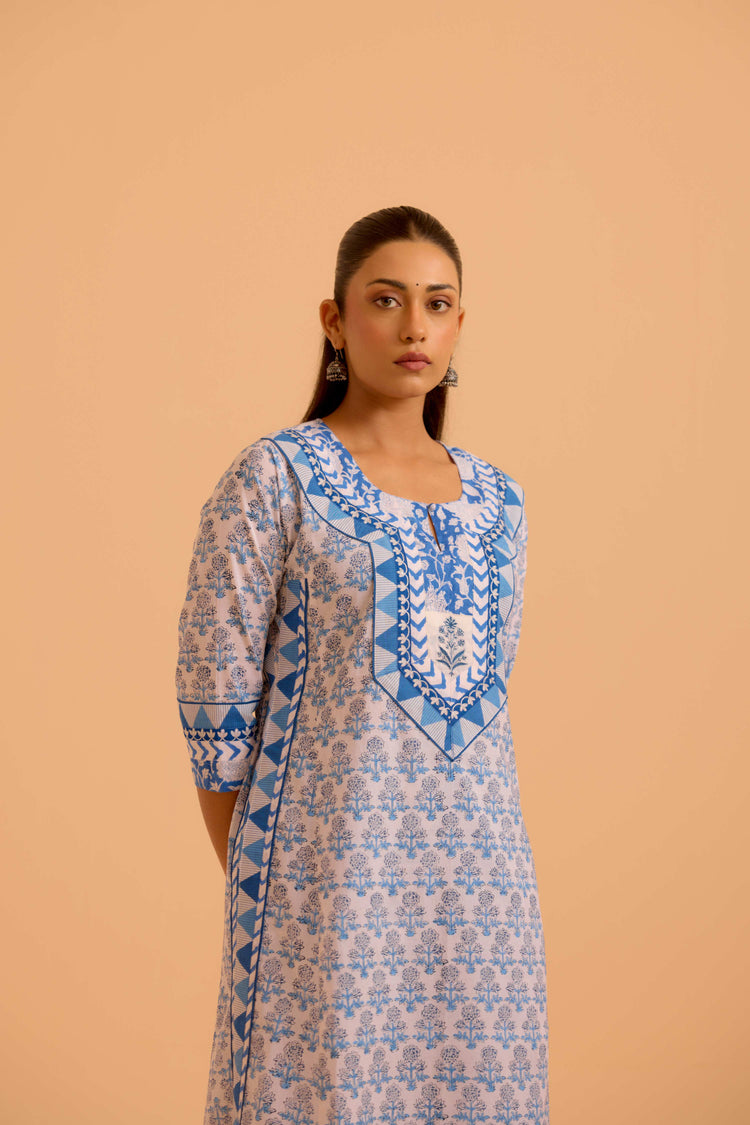 Anu Cotton Printed Kurta White Blue