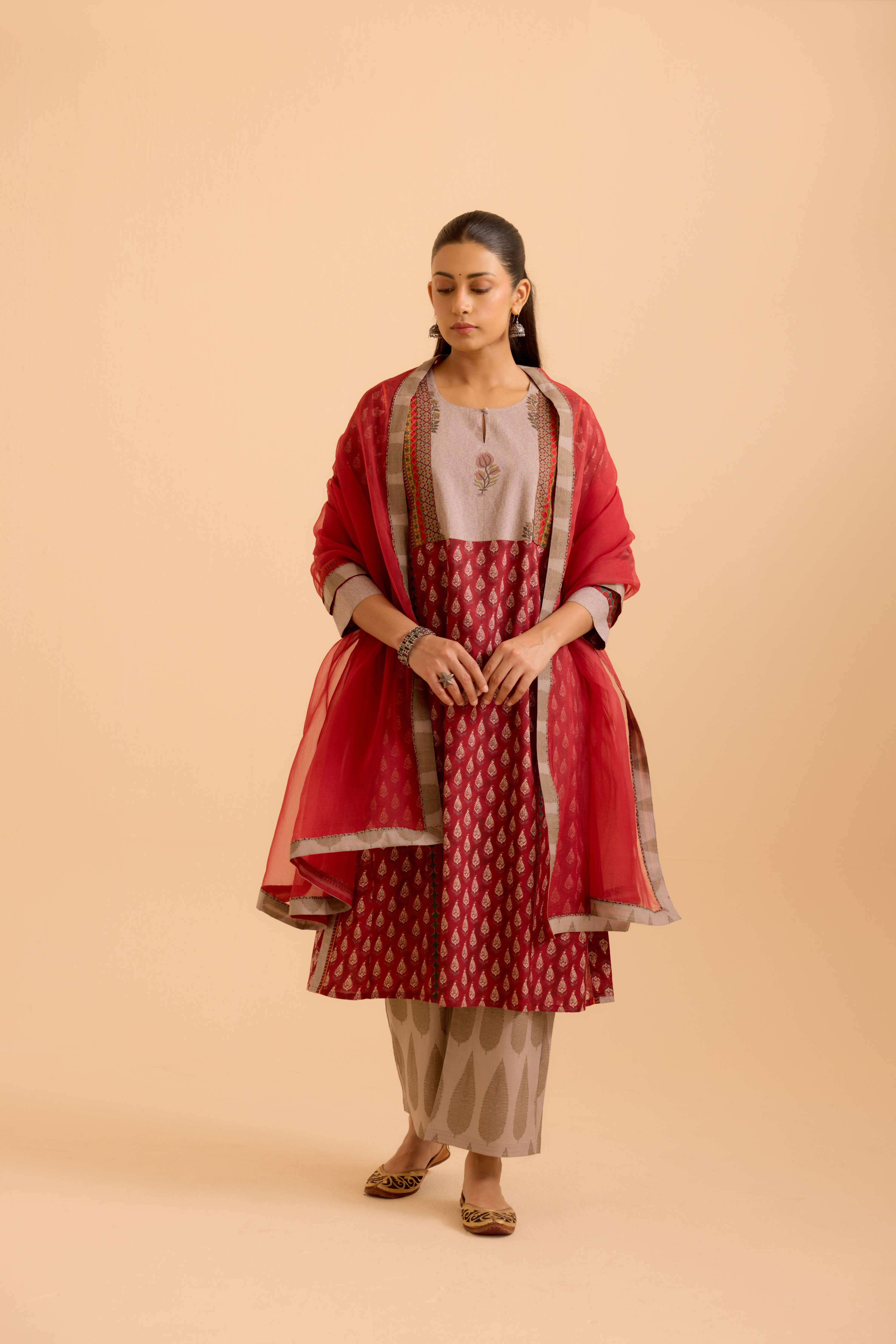 Adya Printed Kurta Set Maroon (Set Of 3)