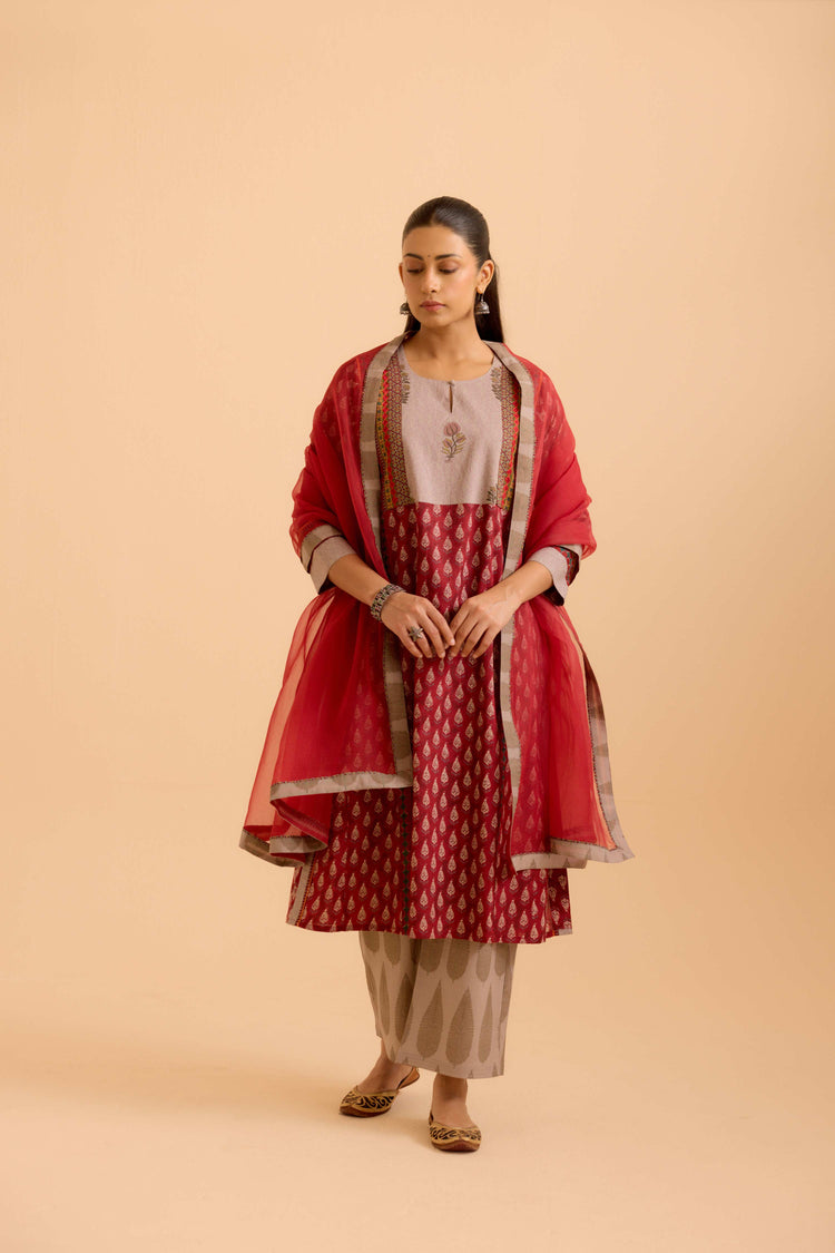 Adya Printed Kurta Set Maroon (Set Of 3)