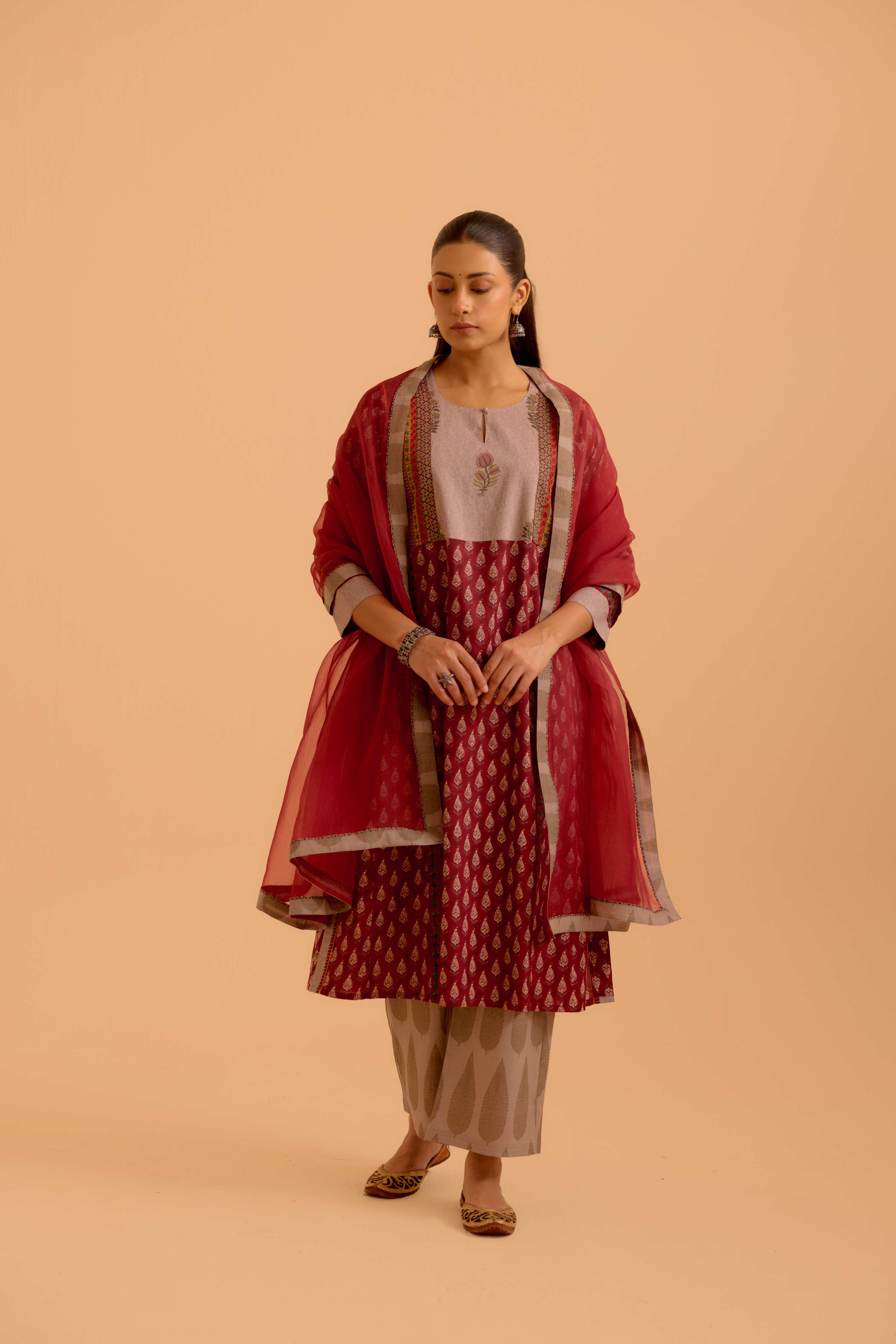 Adya Printed Kurta Set Maroon (Set Of 3)