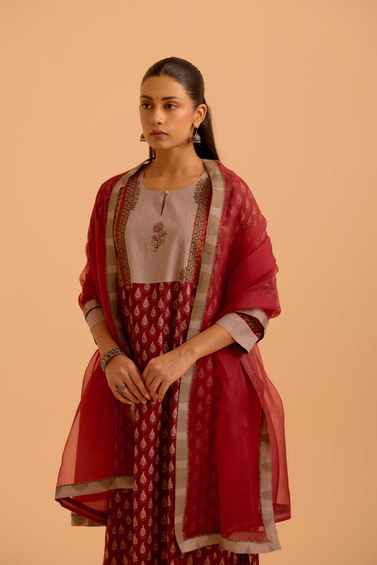 Adya Printed Kurta Set Maroon (Set Of 3)