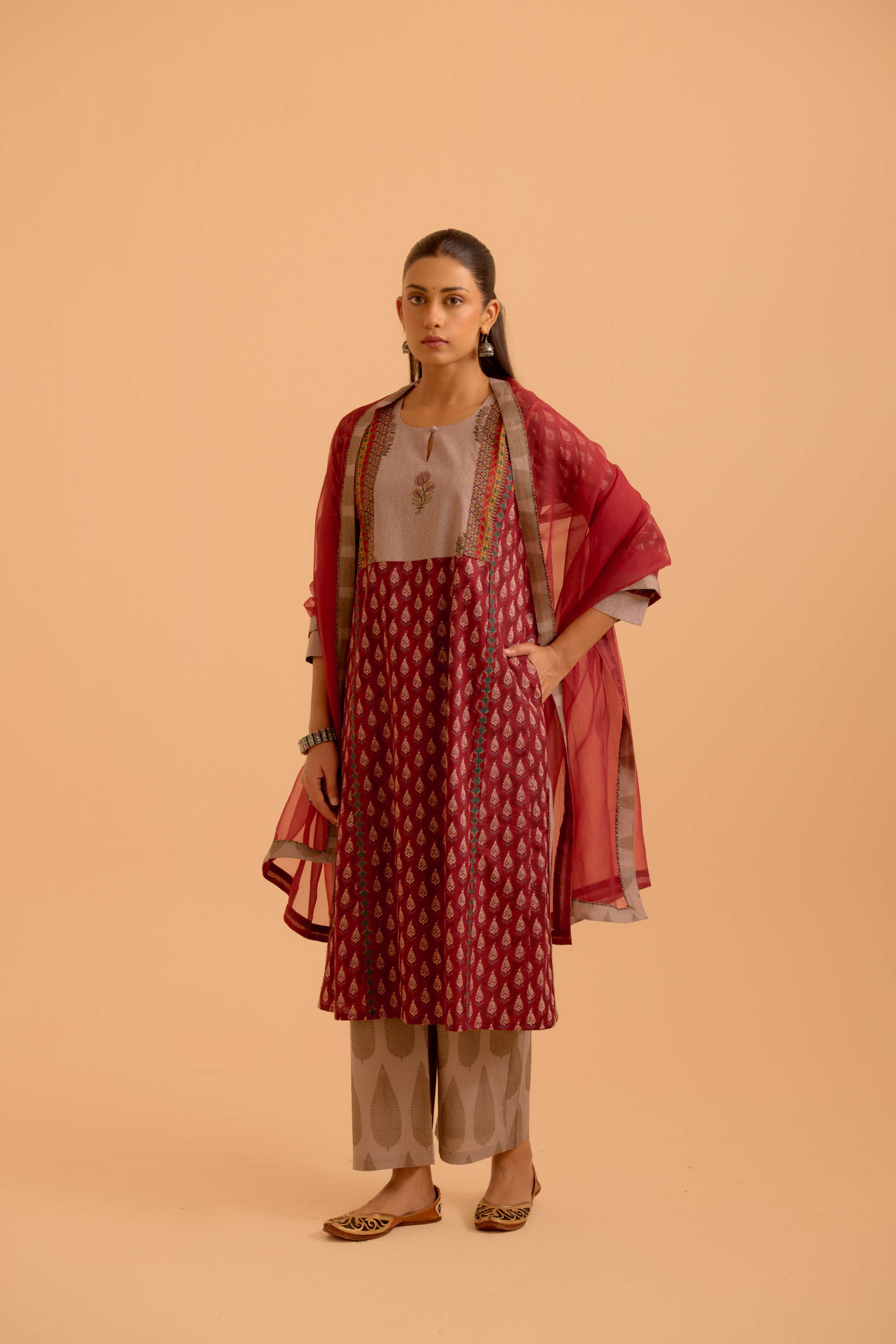 Adya Printed Kurta Set Maroon (Set Of 3)
