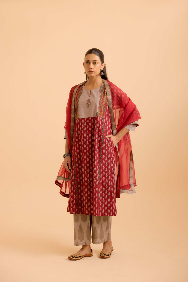 Adya Printed Kurta Set Maroon (Set Of 3)