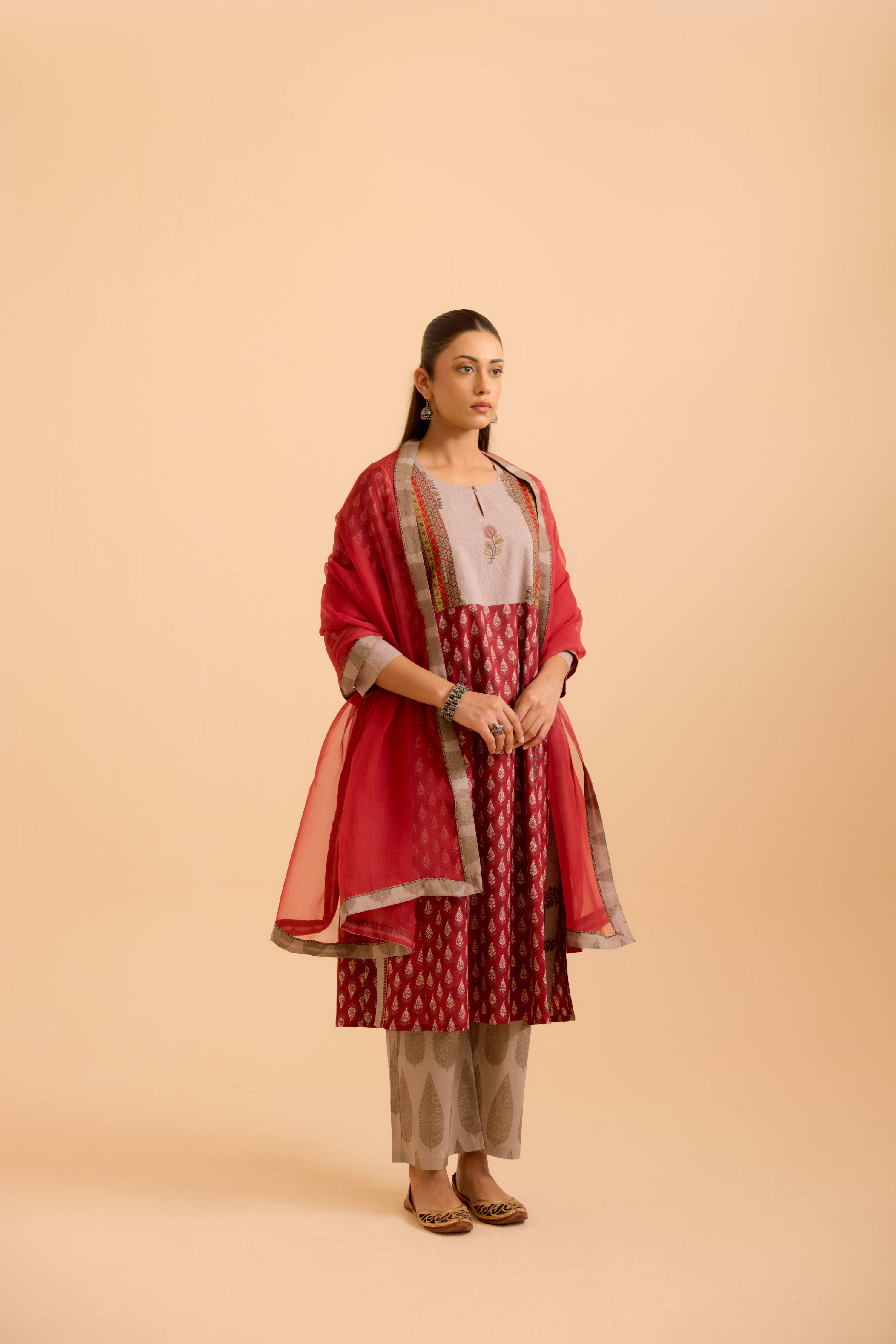 Adya Printed Kurta Set Maroon (Set Of 3)