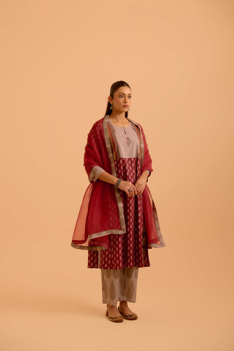 Adya Printed Kurta Set Maroon (Set Of 3)