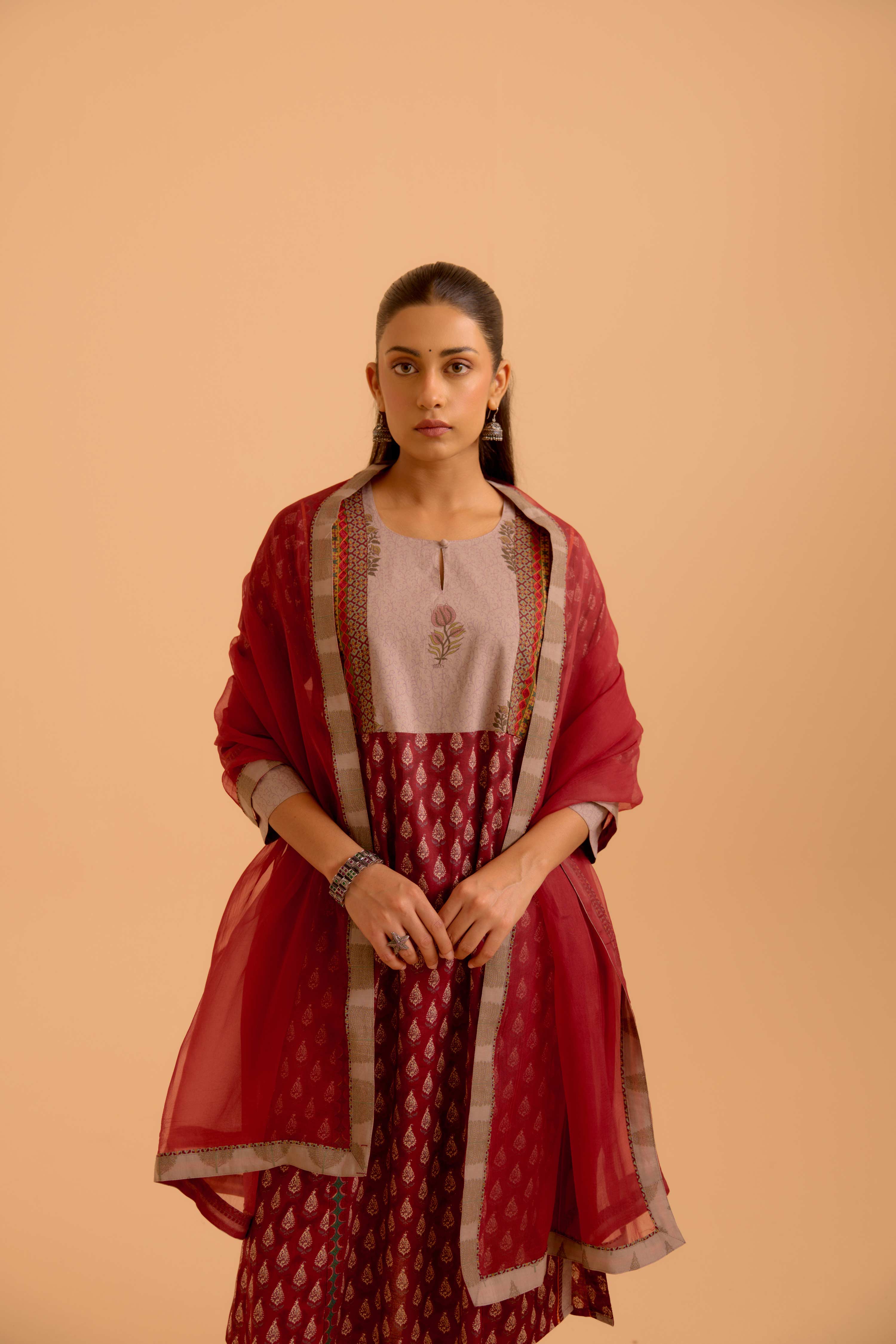 Adya Printed Kurta Set Maroon (Set Of 3)