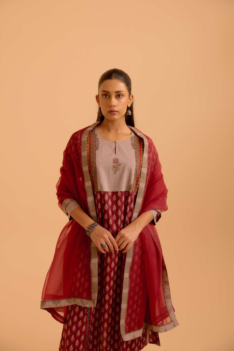 Adya Printed Kurta Set Maroon (Set Of 3)