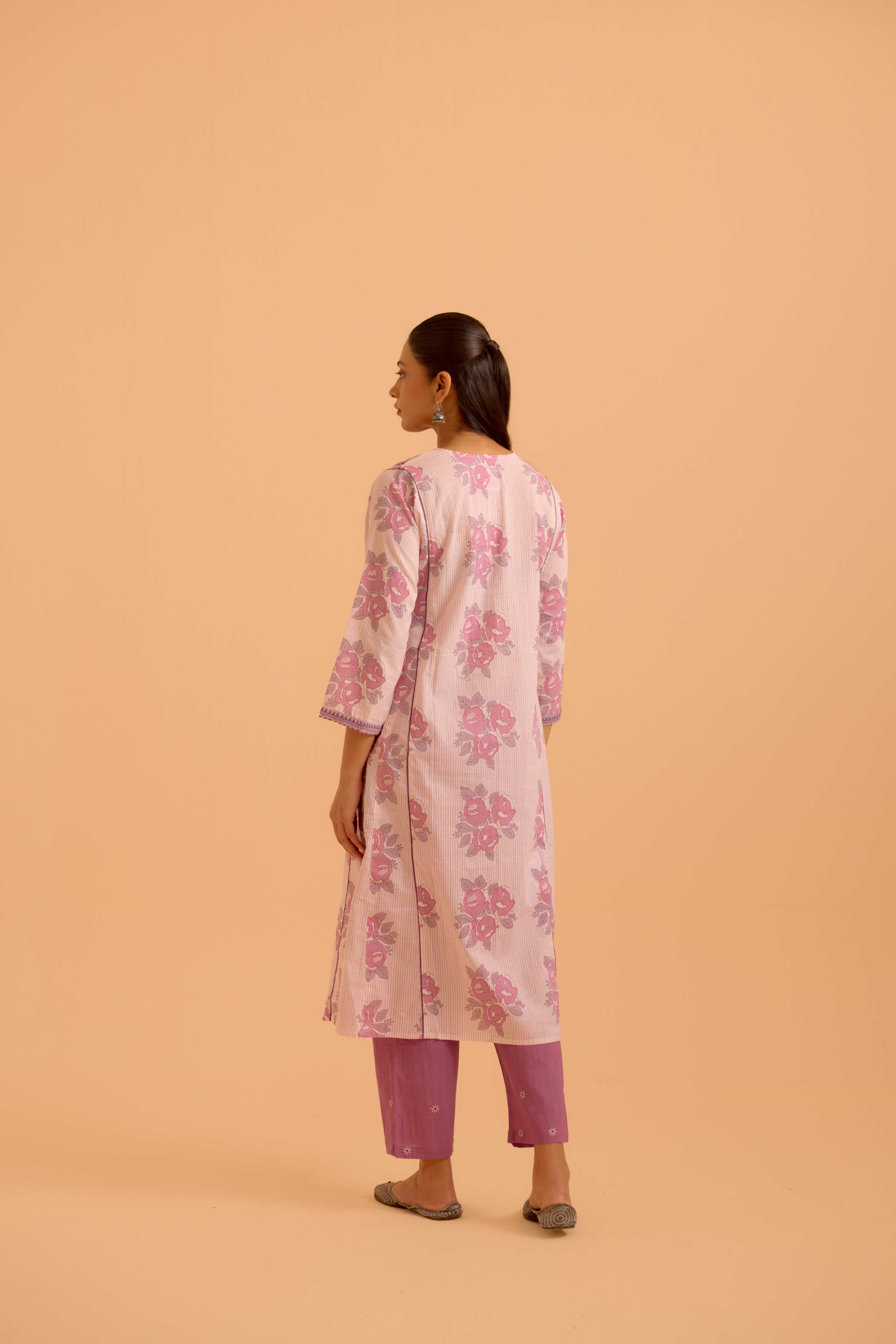 Tulsi Cotton Printed Kurta White Mauve (Set Of 3)