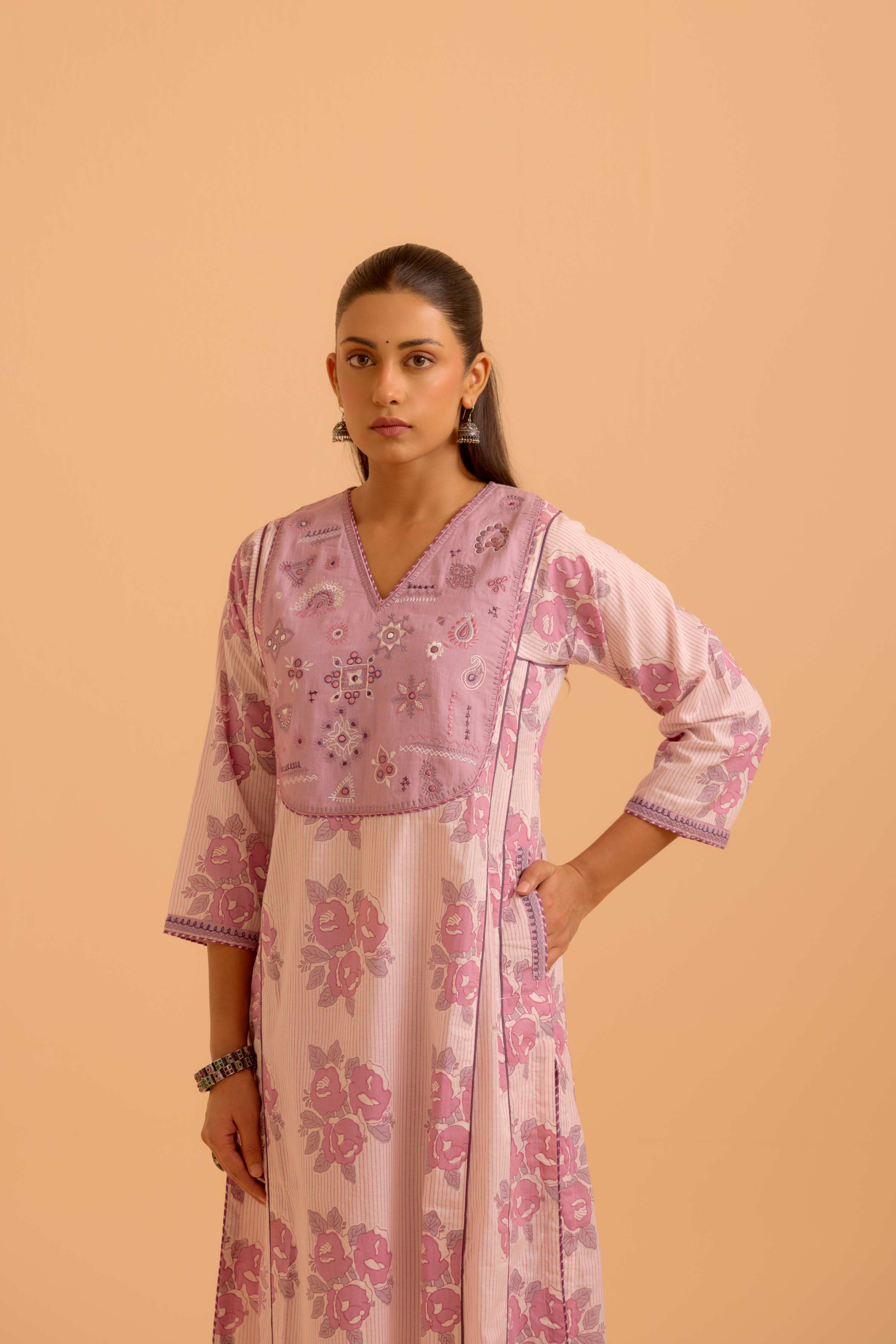Tulsi Cotton Printed Kurta White Mauve (Set Of 3)