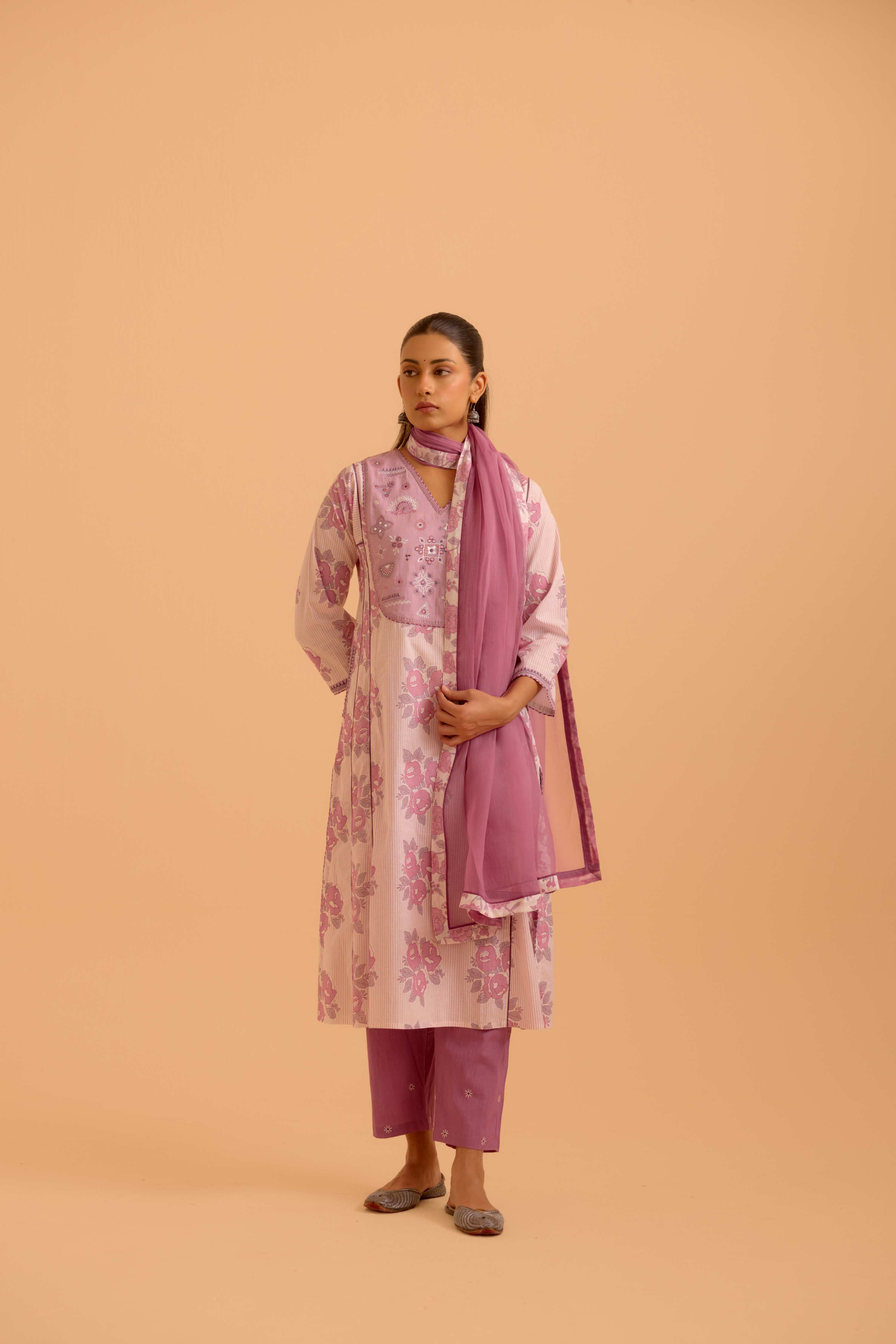 Tulsi Cotton Printed Kurta White Mauve (Set Of 3)