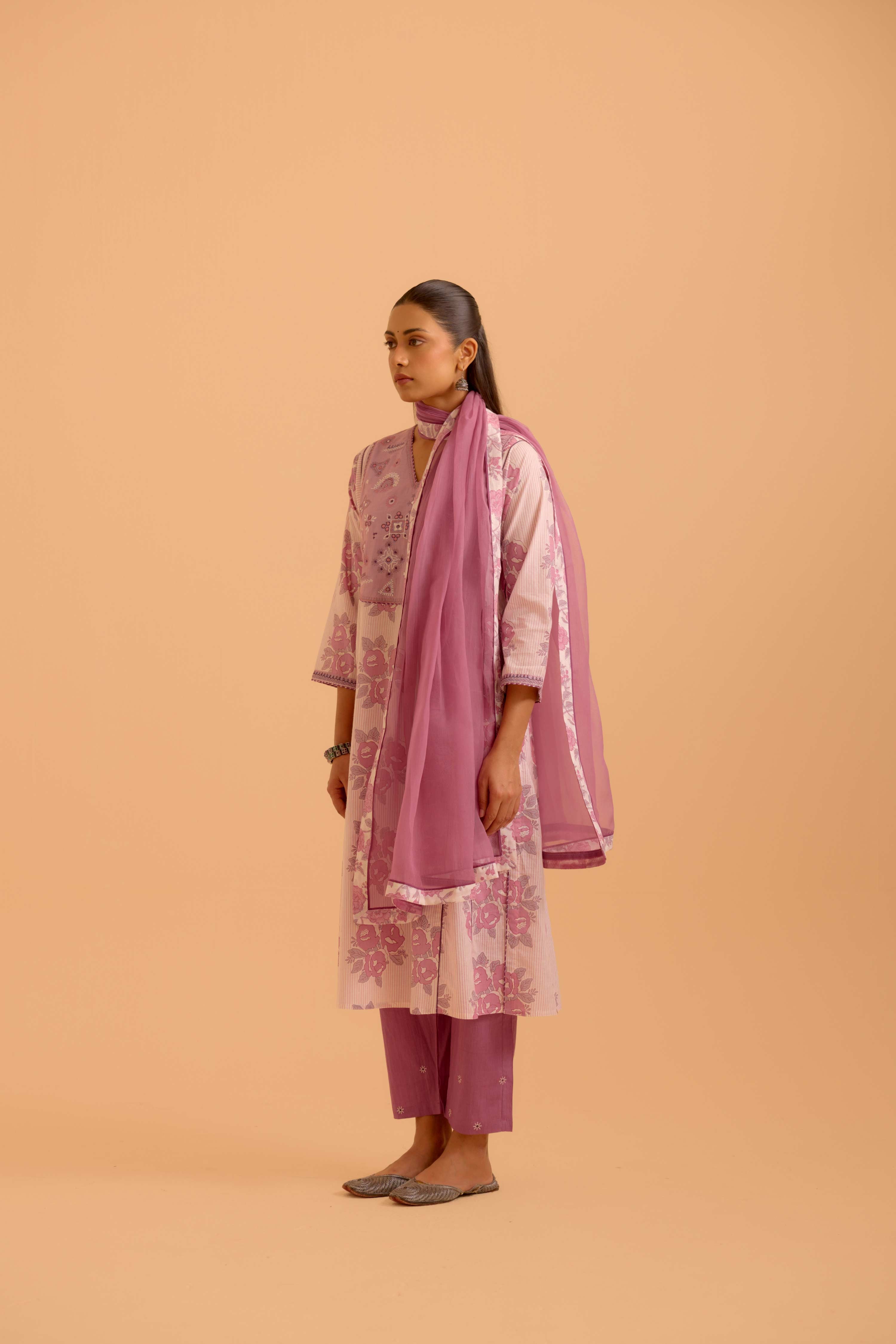 Tulsi Cotton Printed Kurta White Mauve (Set Of 3)