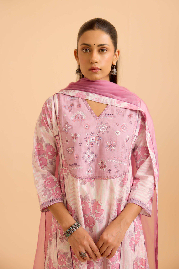 Tulsi Cotton Printed Kurta White Mauve (Set Of 3)