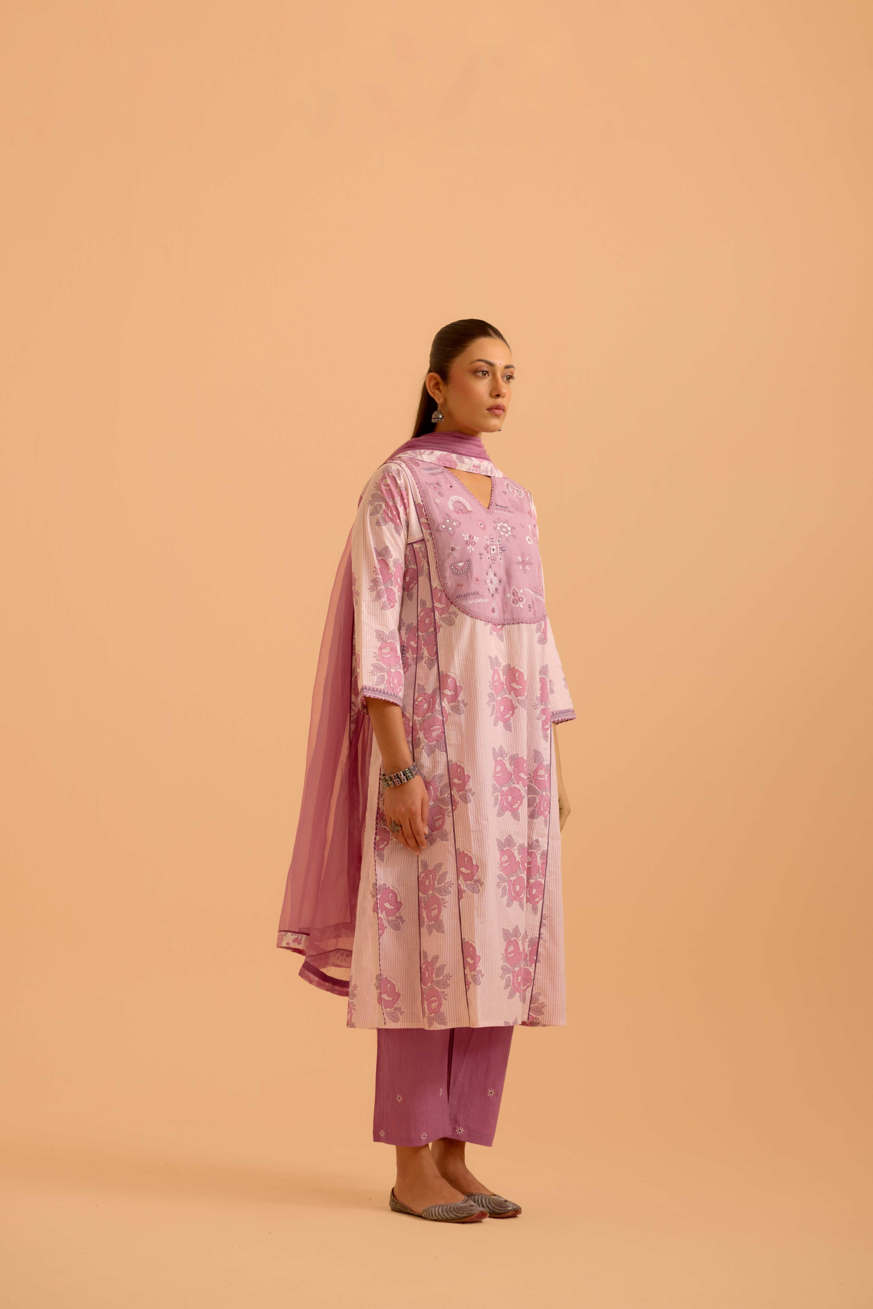Tulsi Cotton Printed Kurta White Mauve (Set Of 3)