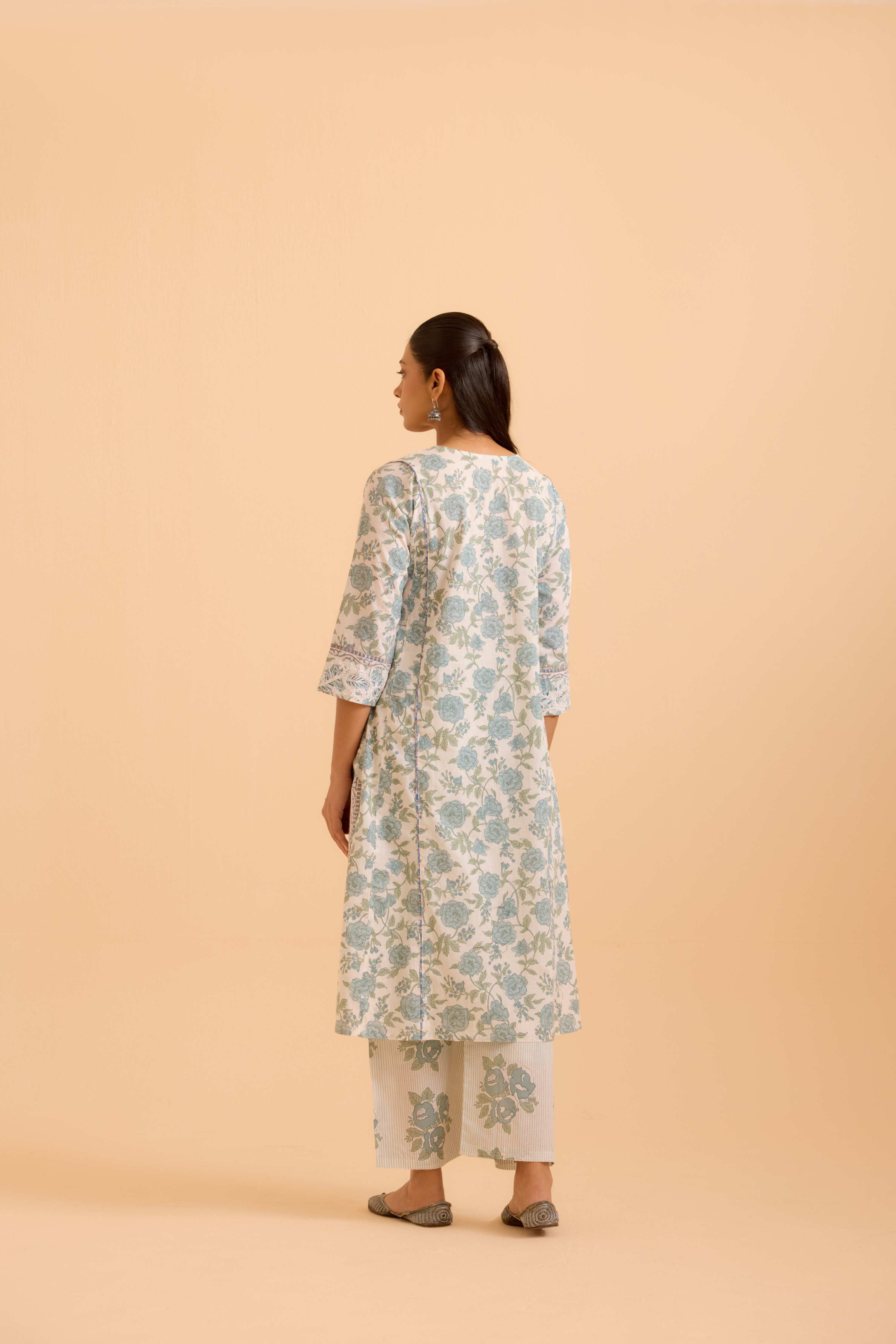 Adya Cotton Printed Kurta White Dusty Blue