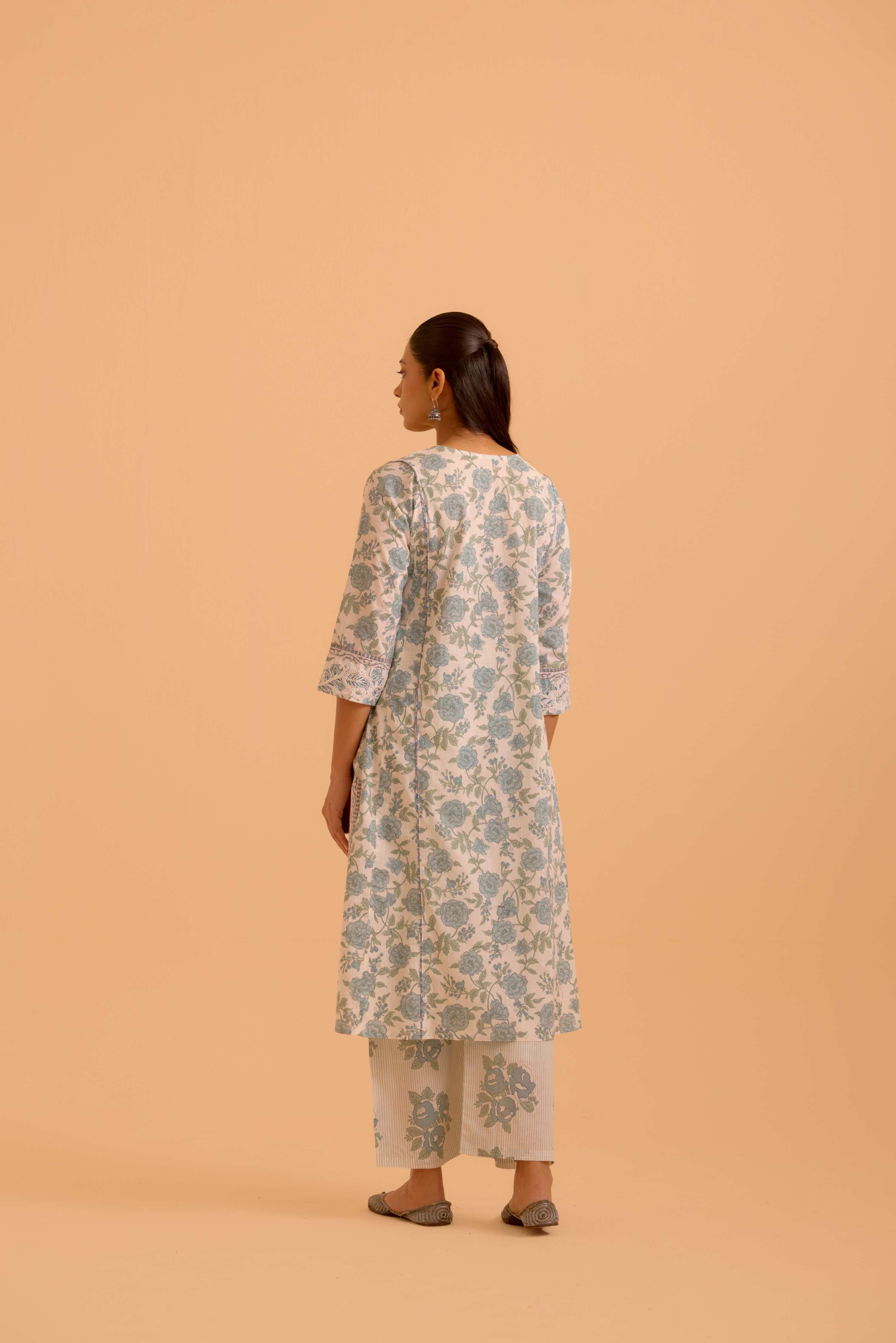 Adya Cotton Printed Kurta White Dusty Blue