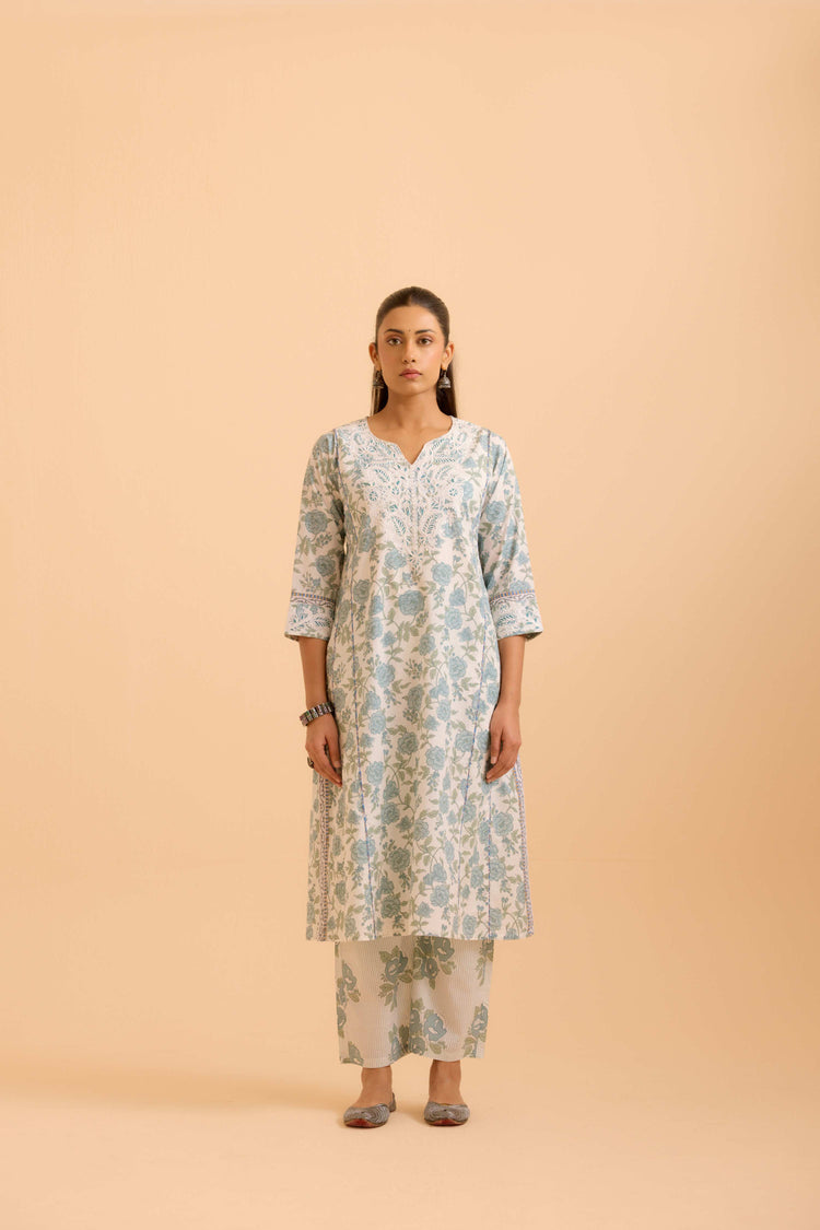 Adya Cotton Printed Kurta White Dusty Blue