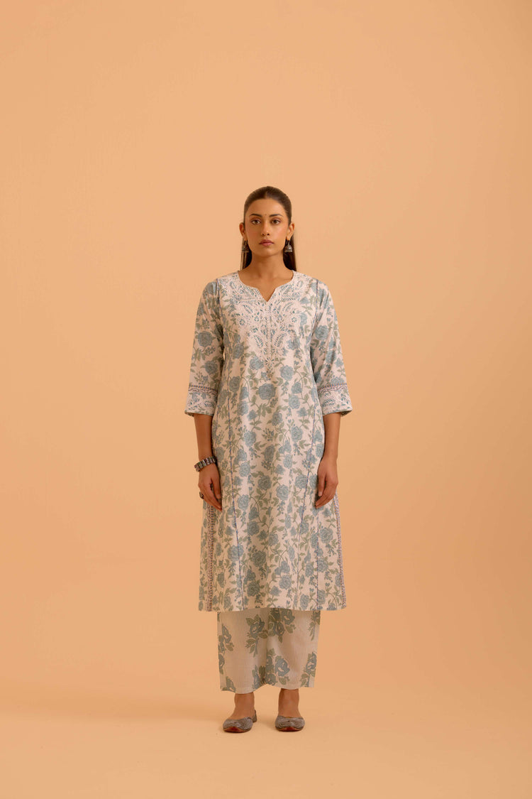 Adya Cotton Printed Kurta White Dusty Blue