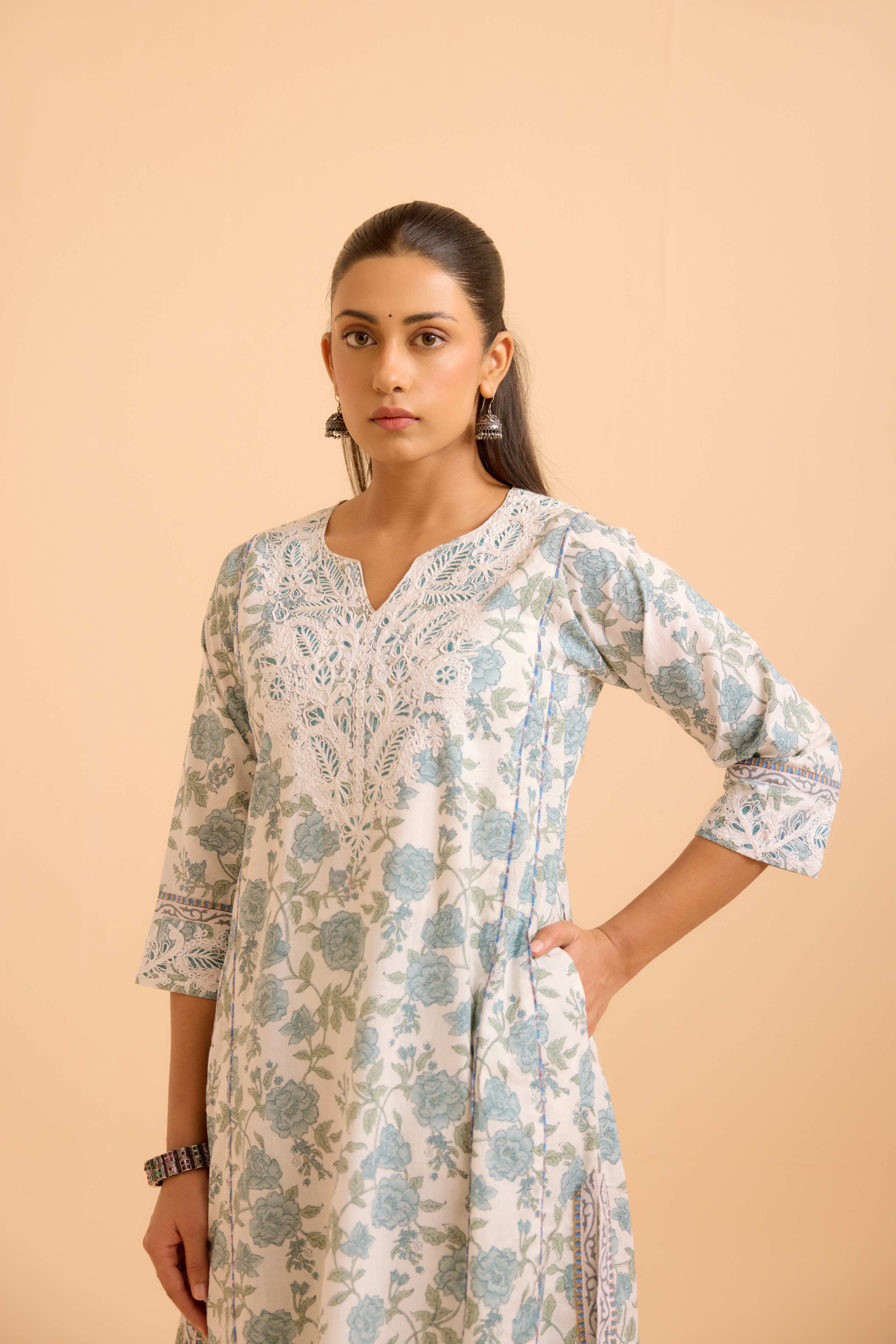 Adya Cotton Printed Kurta White Dusty Blue
