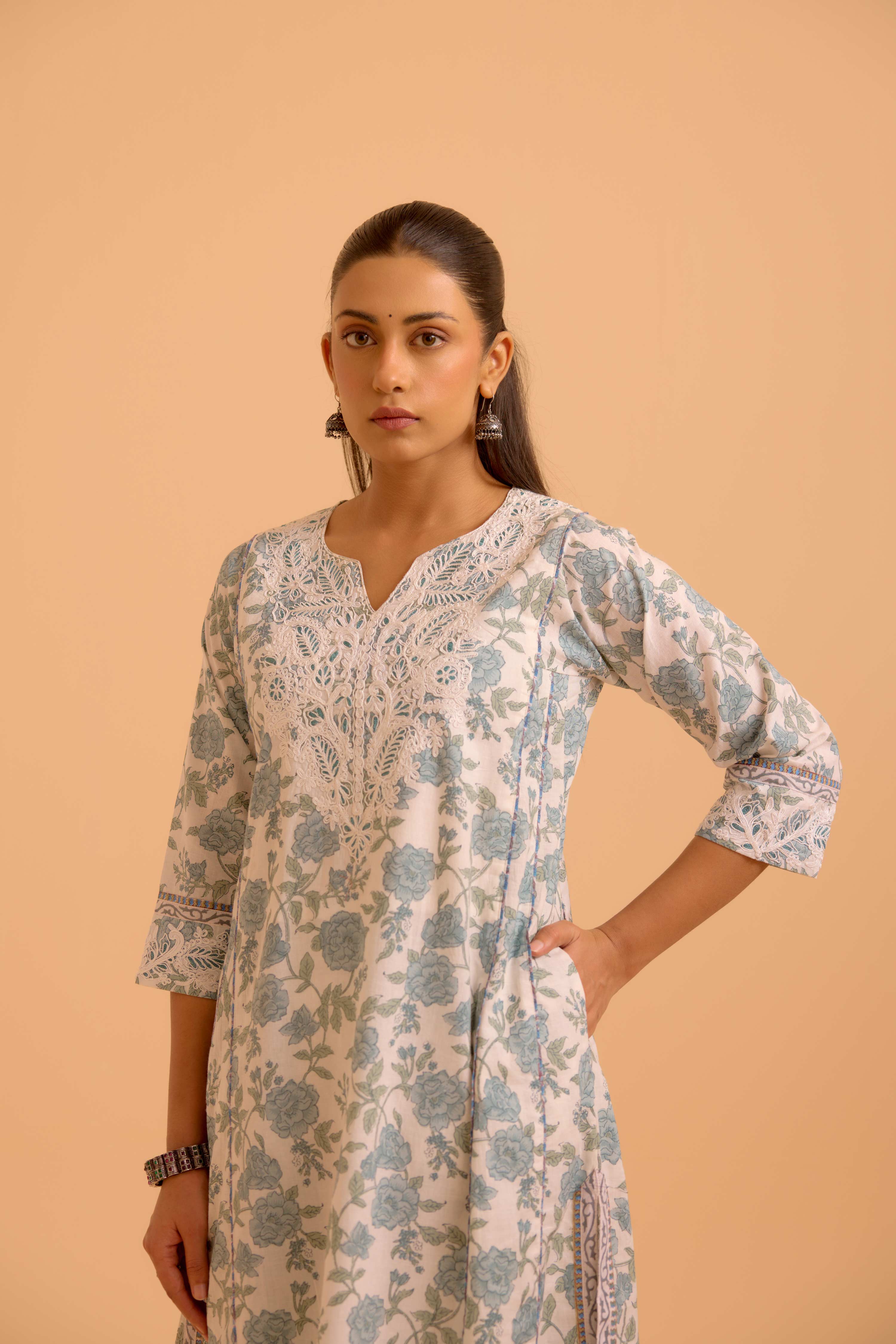 Adya Cotton Printed Kurta White Dusty Blue