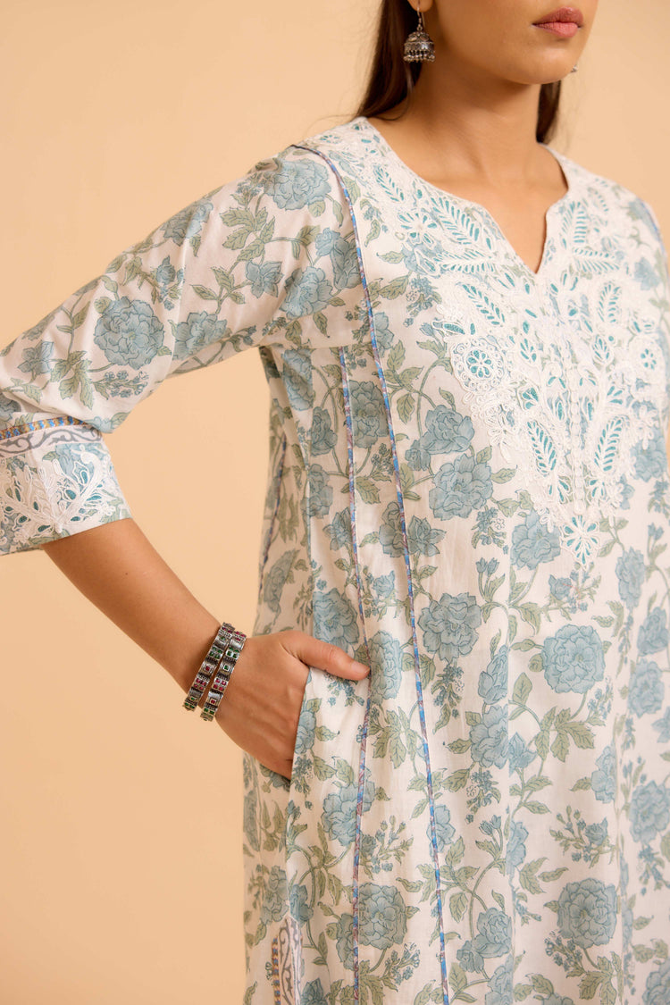 Adya Cotton Printed Kurta White Dusty Blue