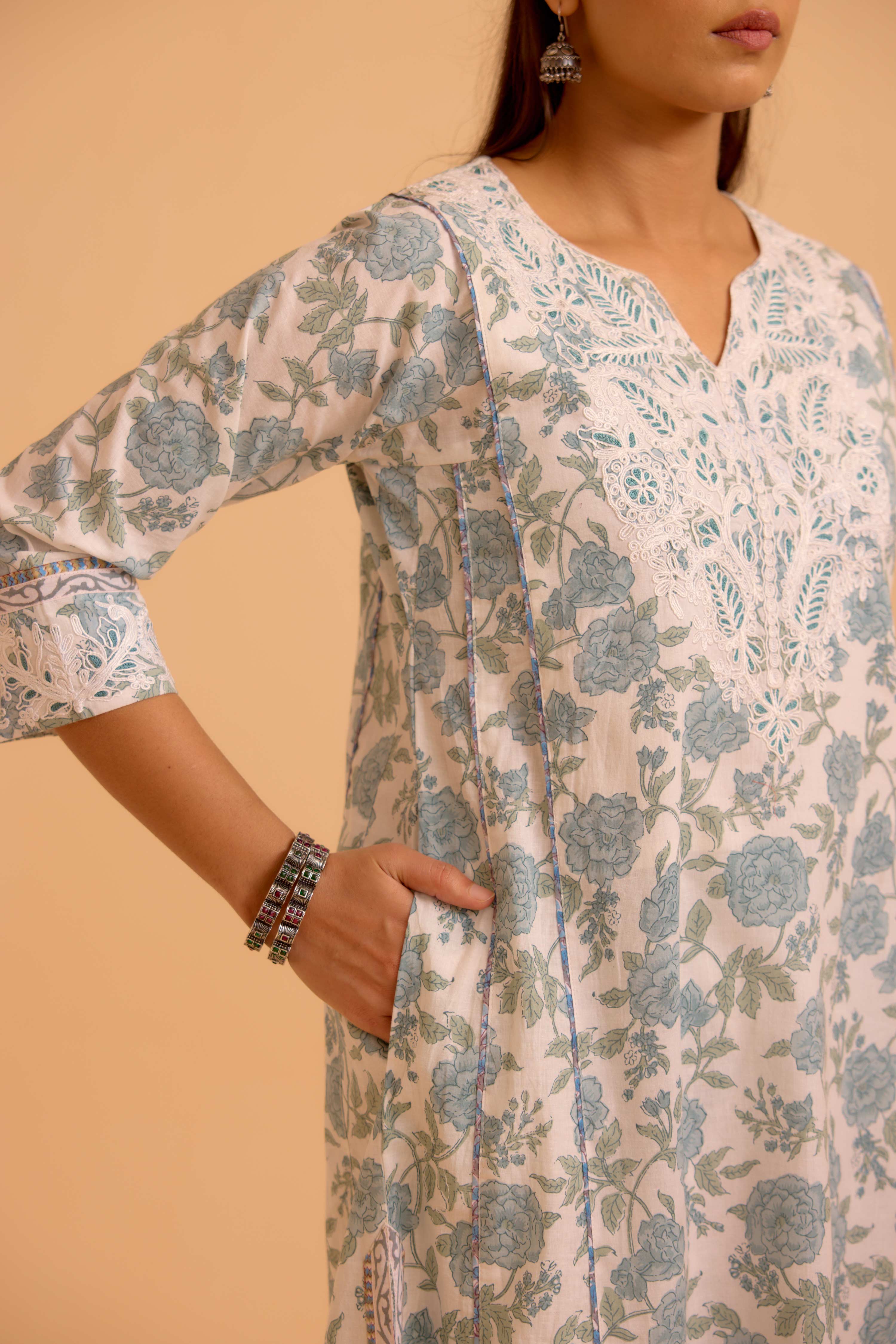 Adya Cotton Printed Kurta White Dusty Blue