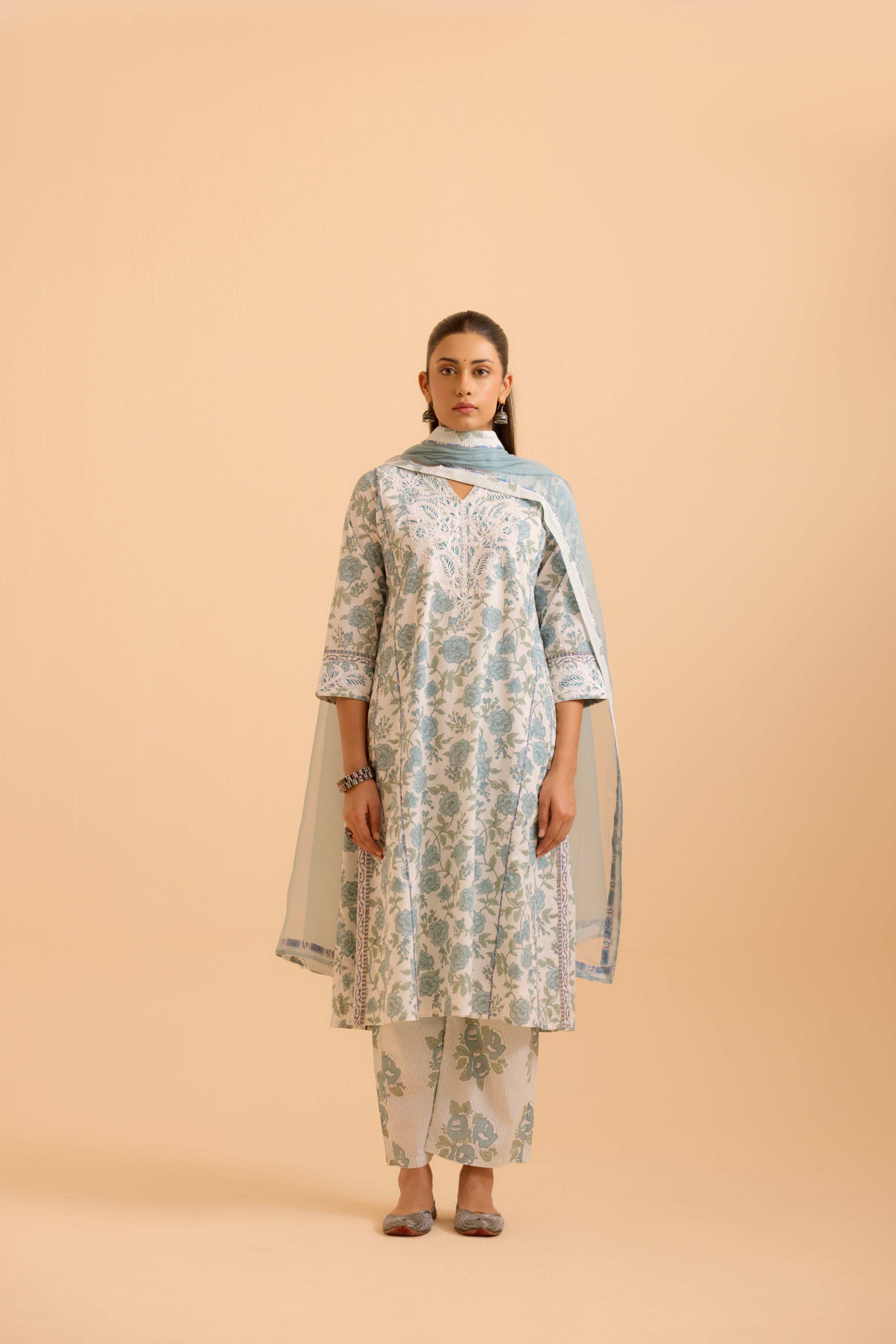 Adya Cotton Printed Kurta White Dusty Blue