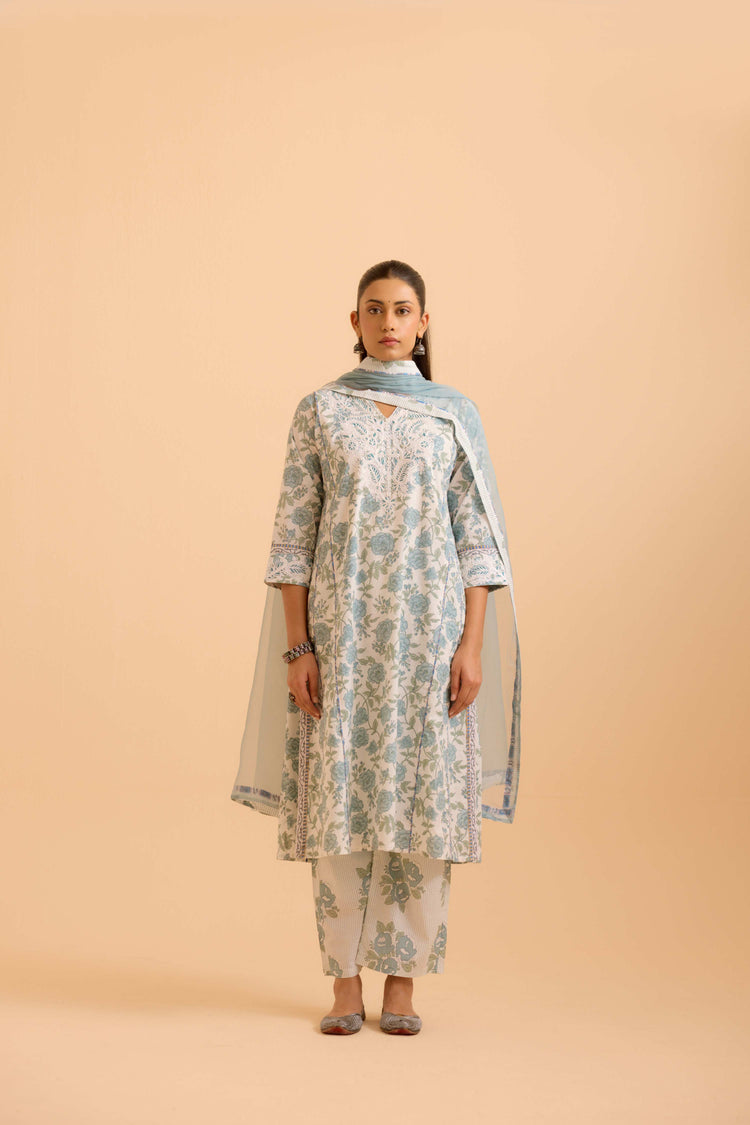 Adya Cotton Printed Kurta White Dusty Blue
