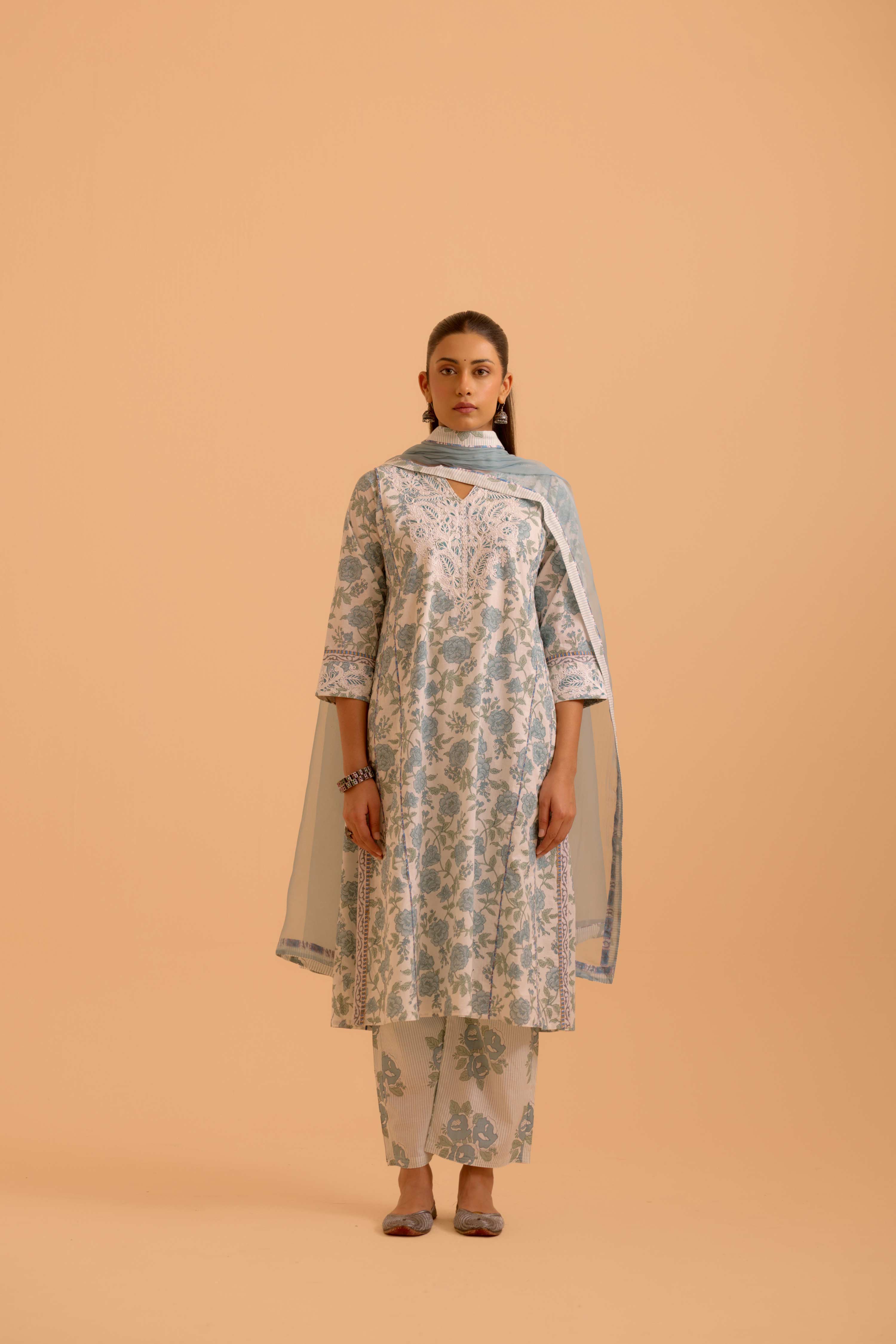 Adya Cotton Printed Kurta White Dusty Blue