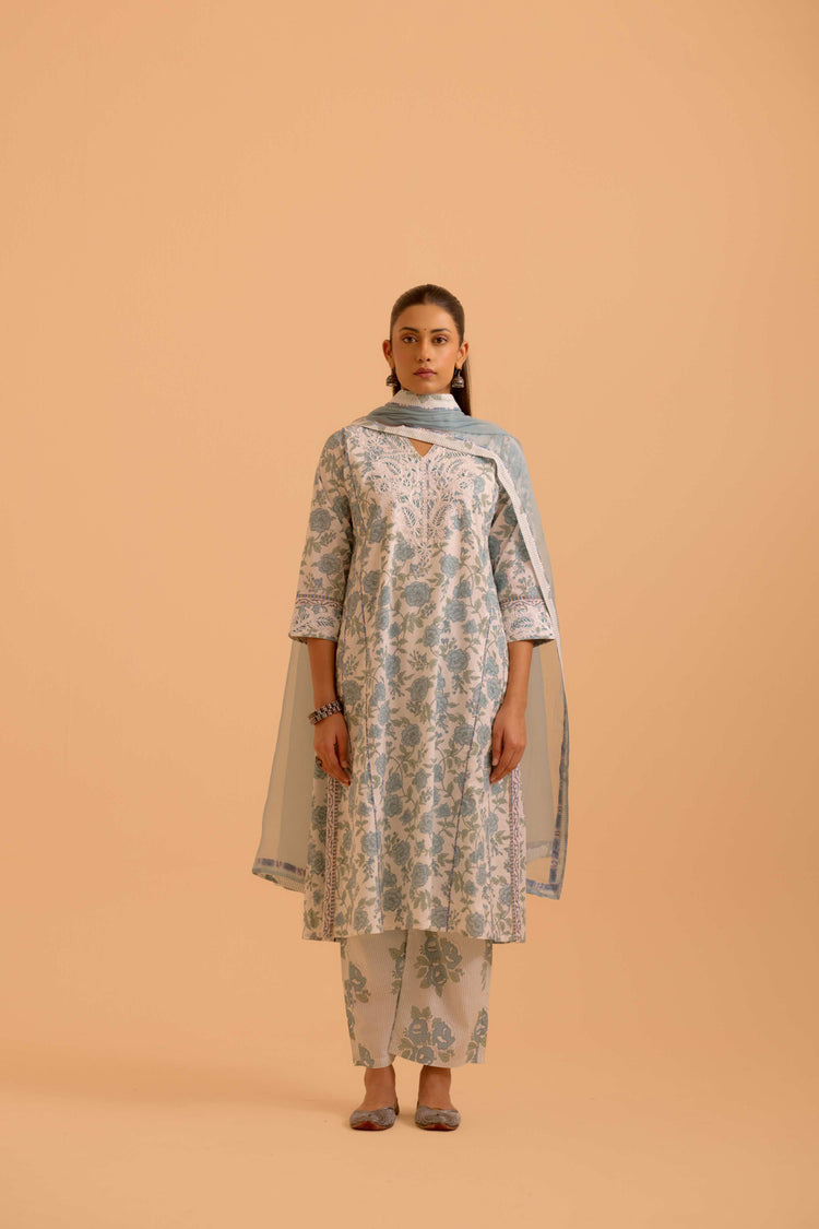 Adya Cotton Printed Kurta White Dusty Blue