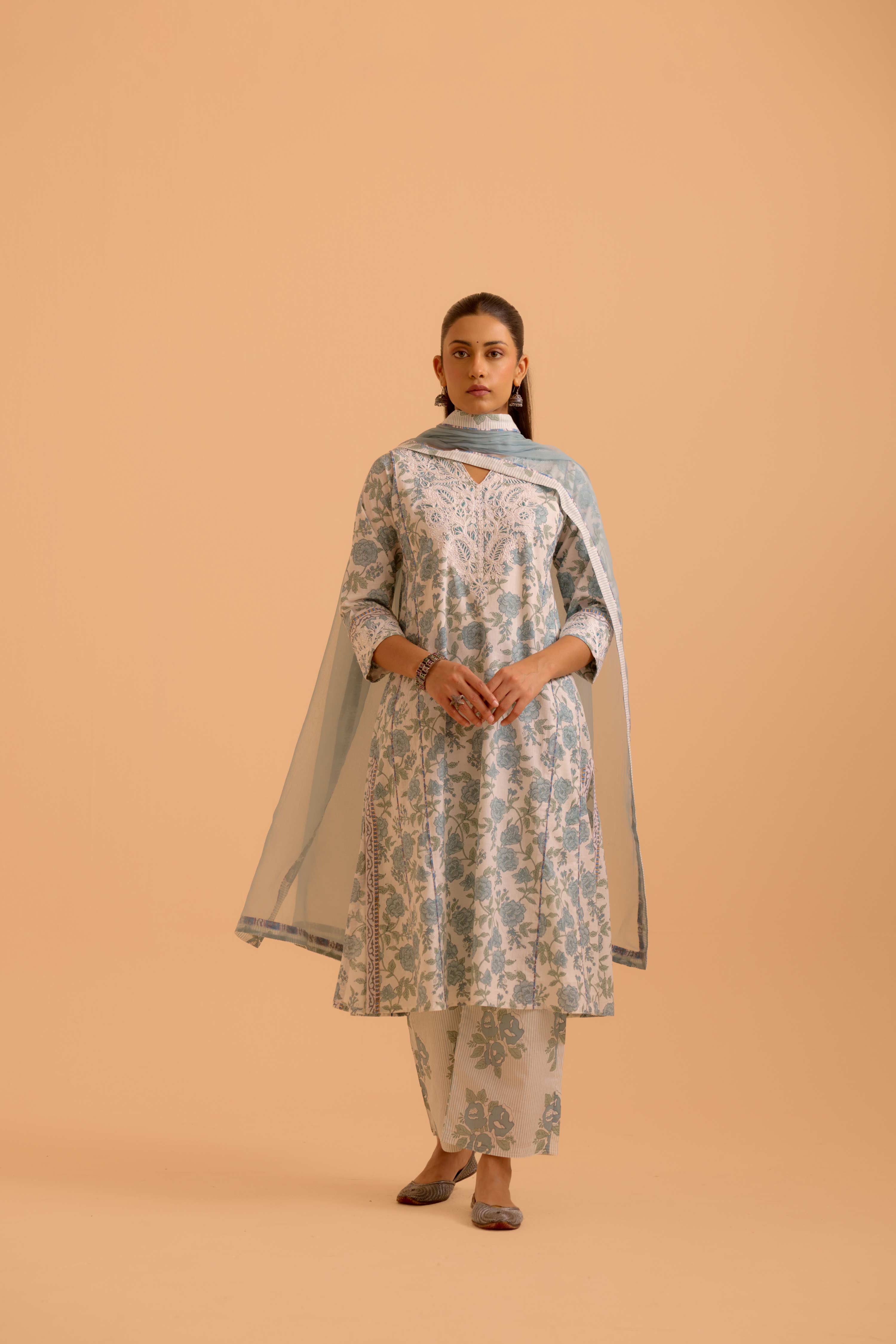 Adya Cotton Printed Kurta White Dusty Blue