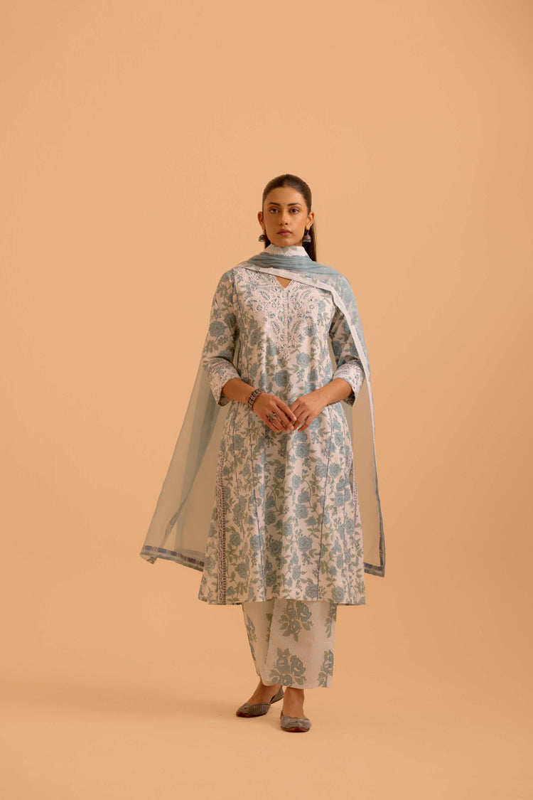 Adya Cotton Printed Kurta White Dusty Blue