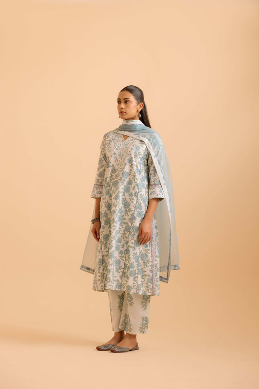 Adya Cotton Printed Kurta White Dusty Blue