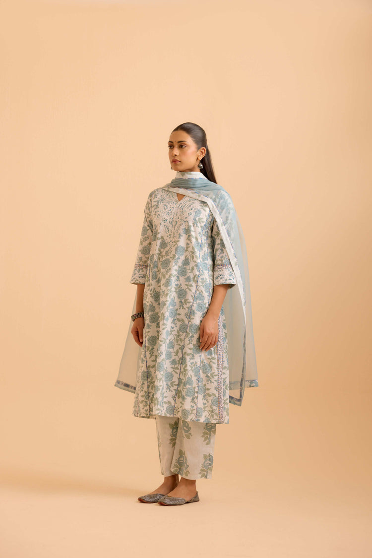 Adya Cotton Printed Kurta White Dusty Blue