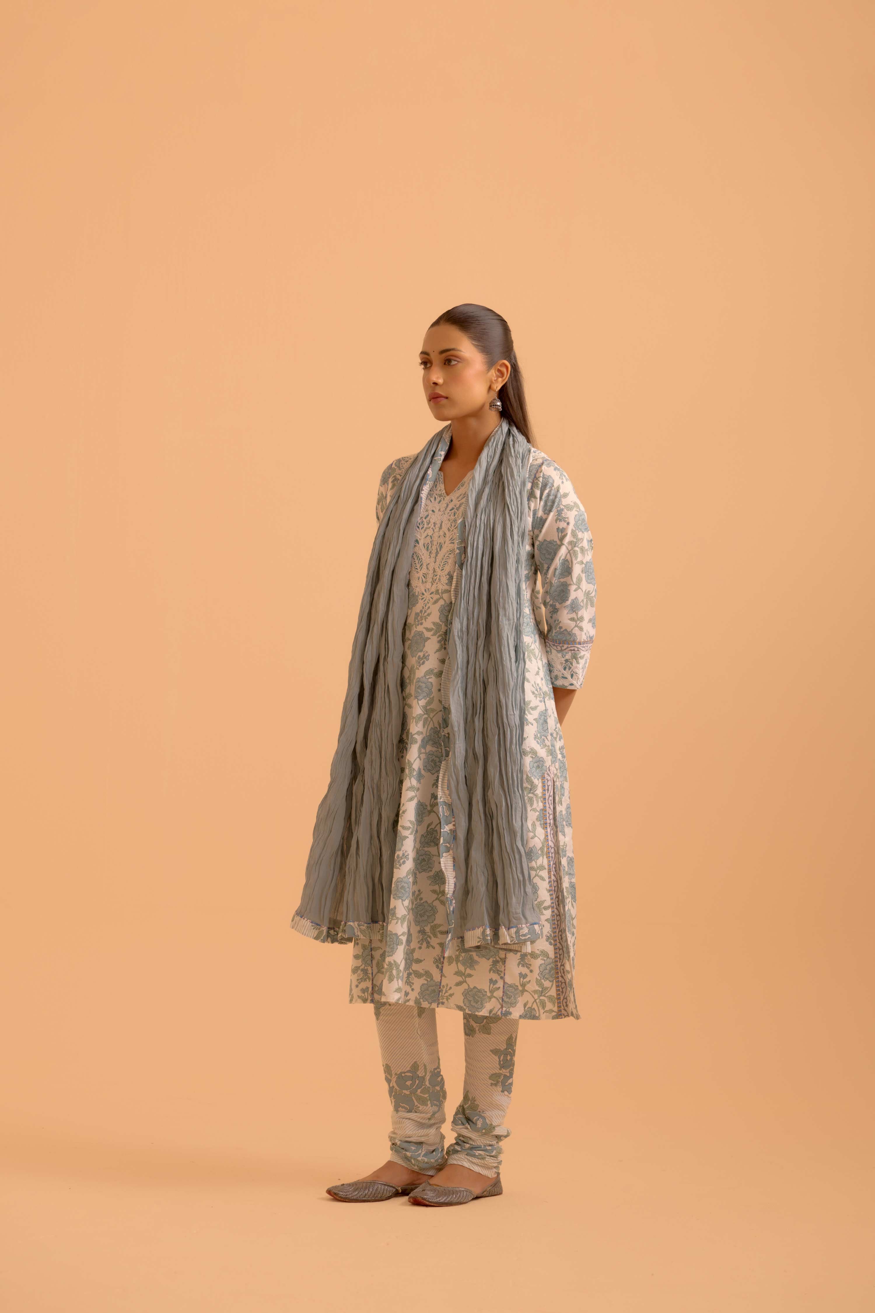 Adya Cotton Printed Kurta White Dusty Blue