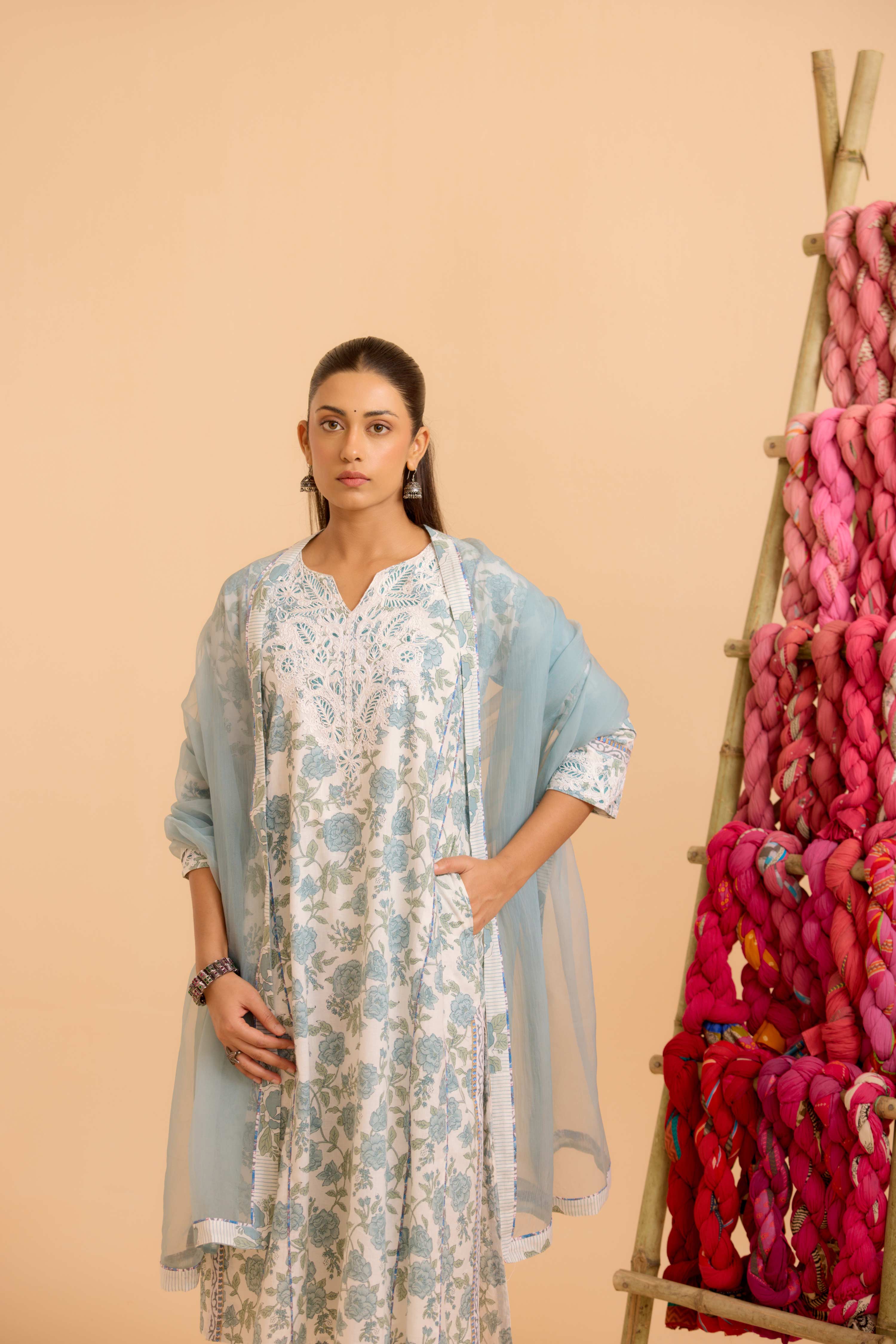 Adya Cotton Printed Kurta White Dusty Blue