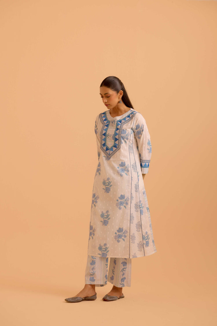 Adya Cotton Printed Kurta White Blue