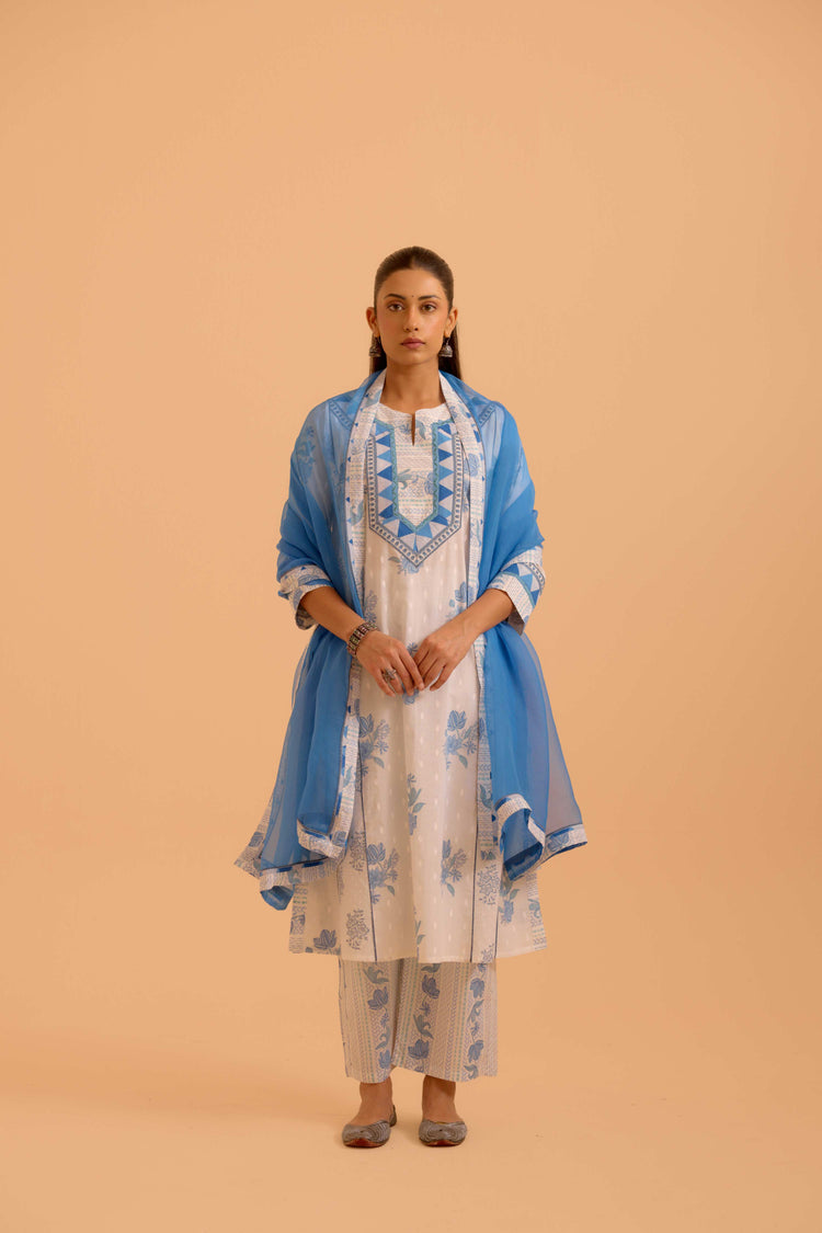 Adya Cotton Printed Kurta White Blue