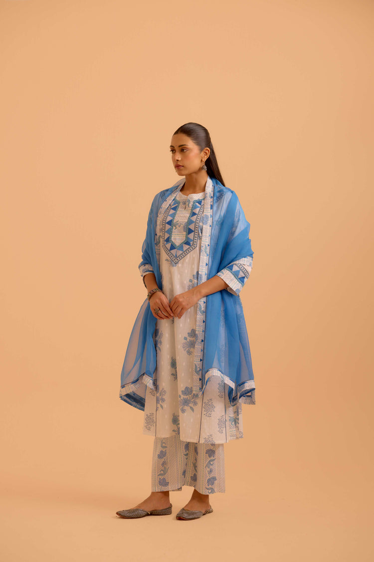 Adya Cotton Printed Kurta White Blue