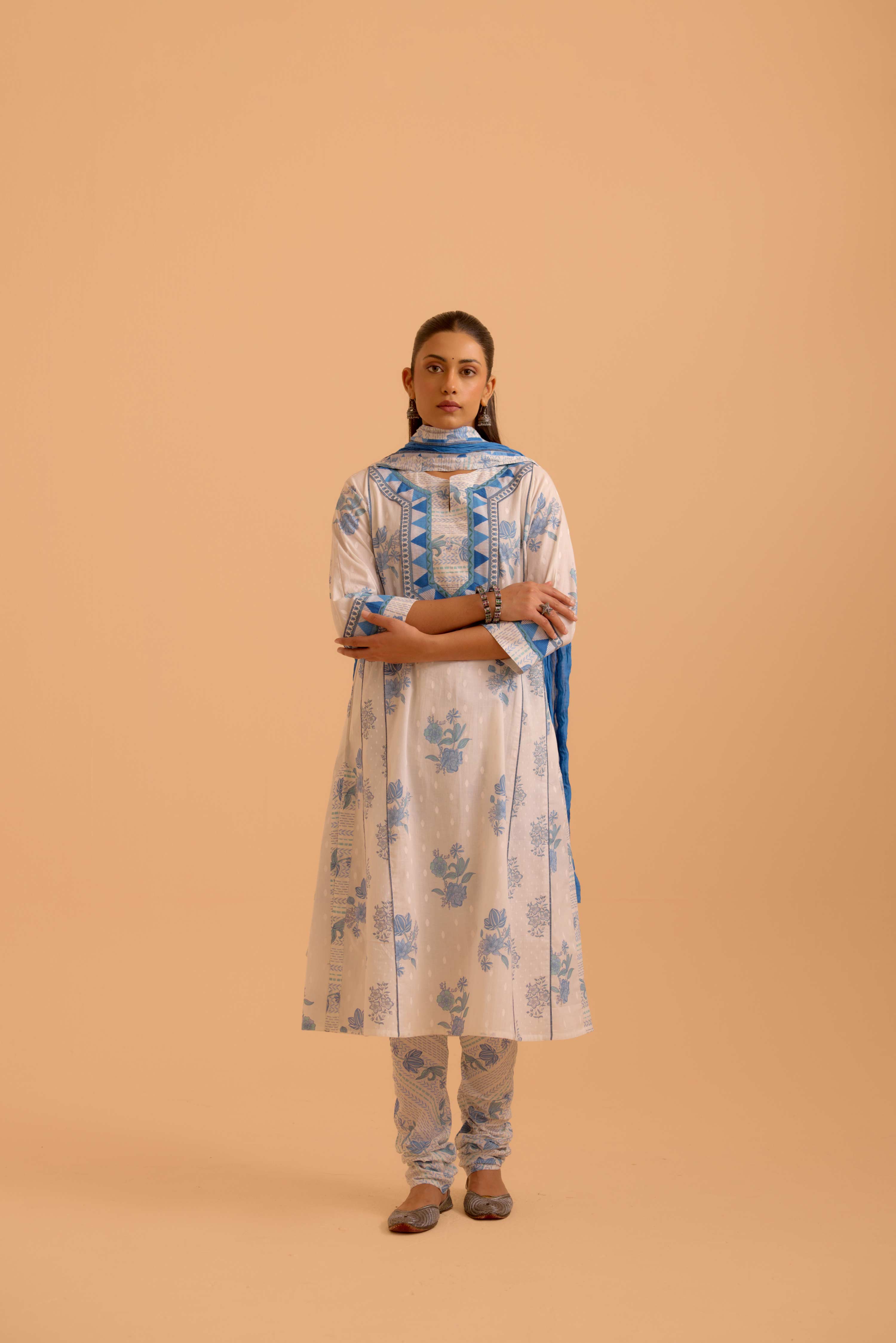 Adya Cotton Printed Kurta White Blue