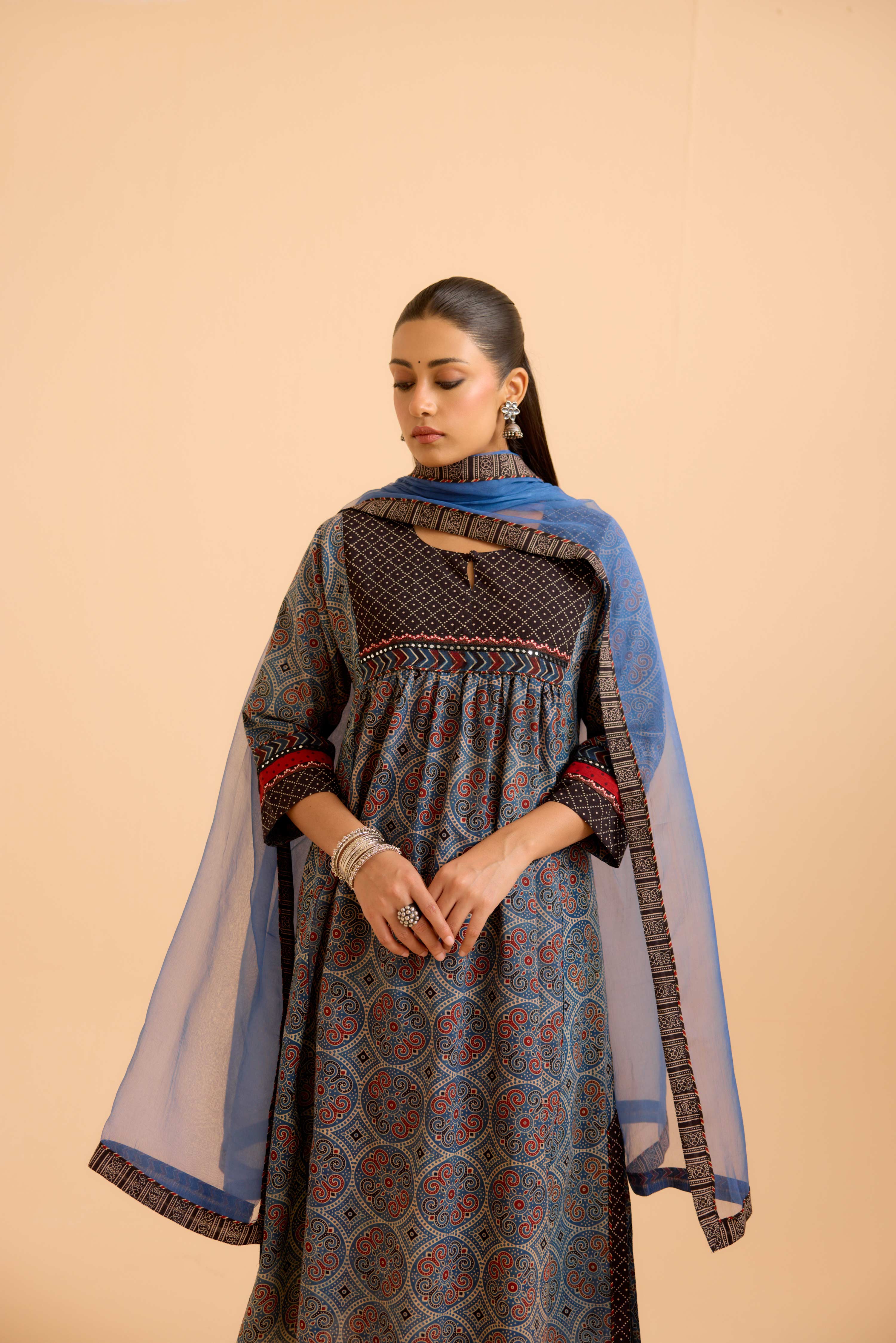 Banjara Cotton Ajrakh Printed Kurta Blue (Set Of 3)