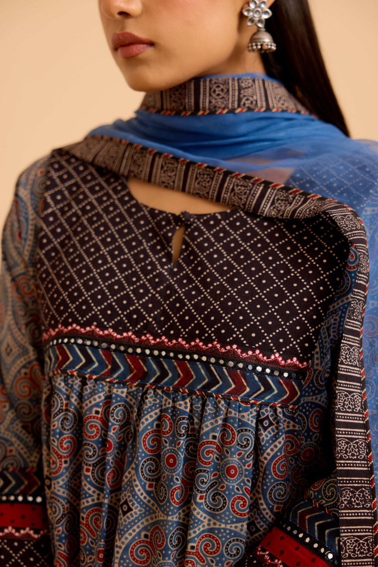 Banjara Cotton Ajrakh Printed Kurta Blue (Set Of 3)