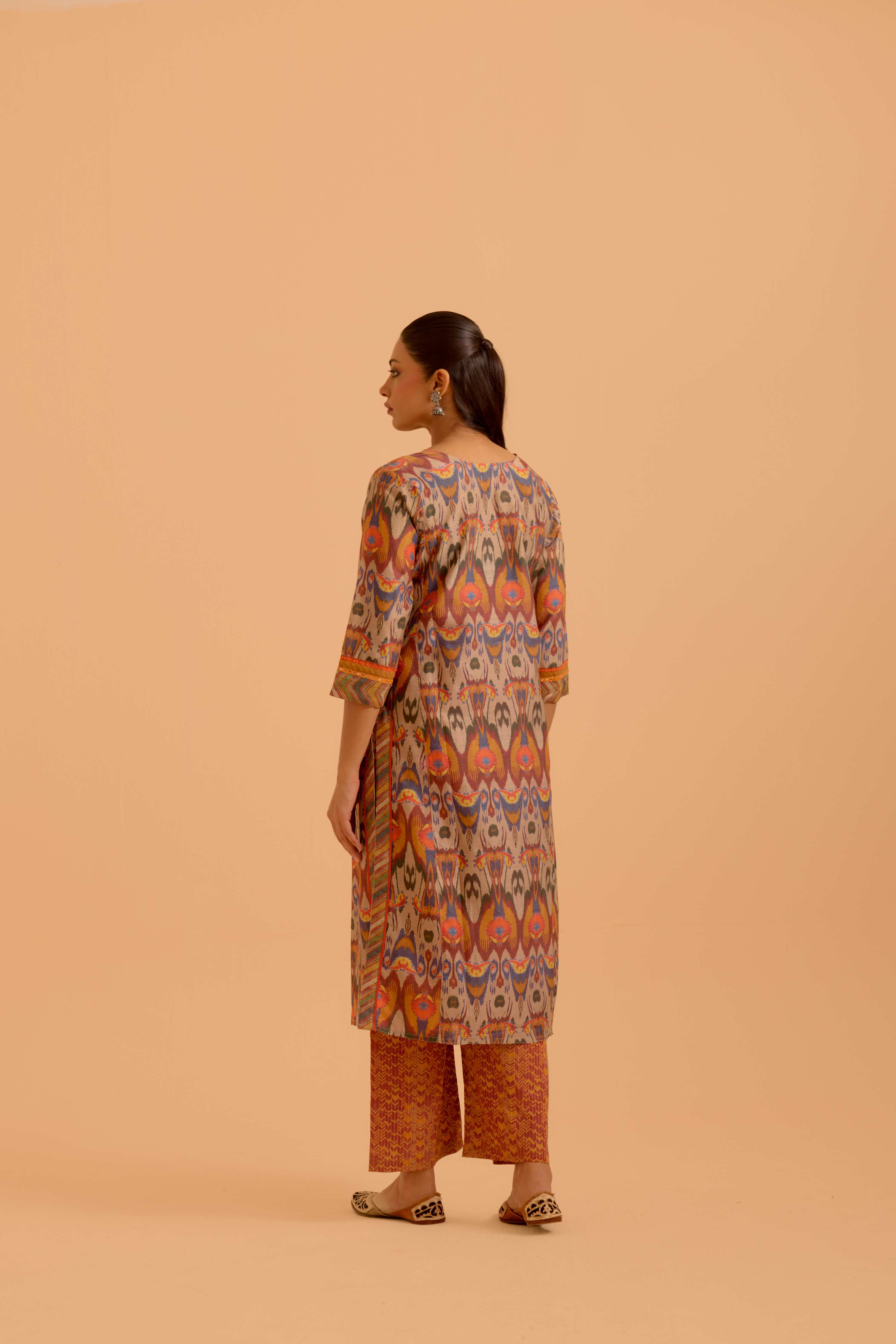Rozana Chanderi Printed Kurta Beige Orange (Set Of 3)