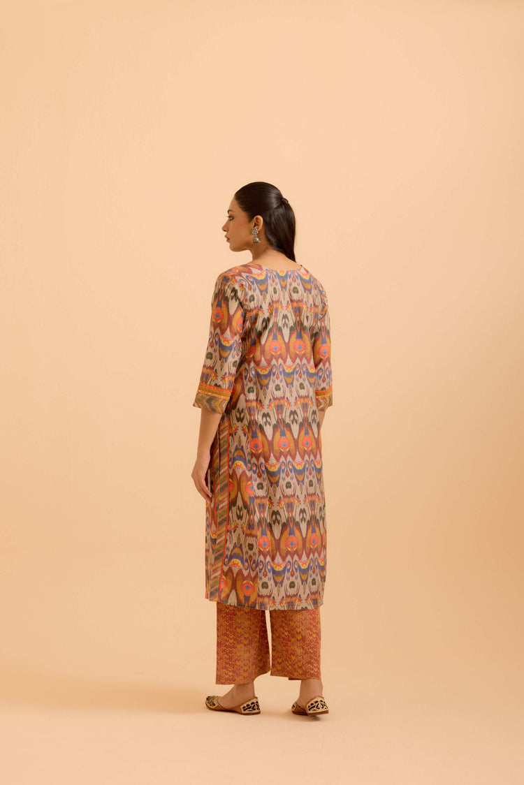 Rozana Chanderi Printed Kurta Beige Orange (Set Of 3)