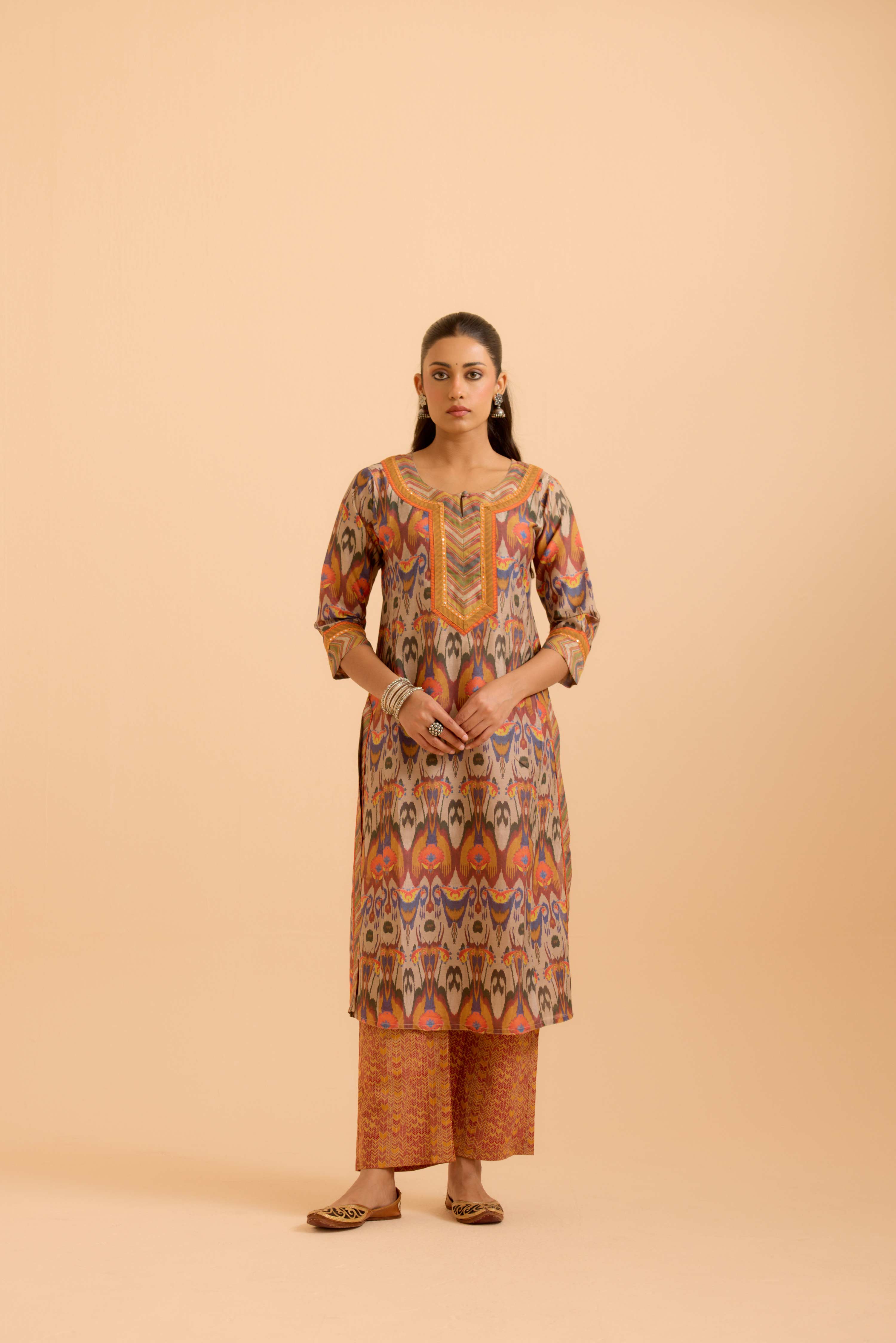 Rozana Chanderi Printed Kurta Beige Orange (Set Of 3)