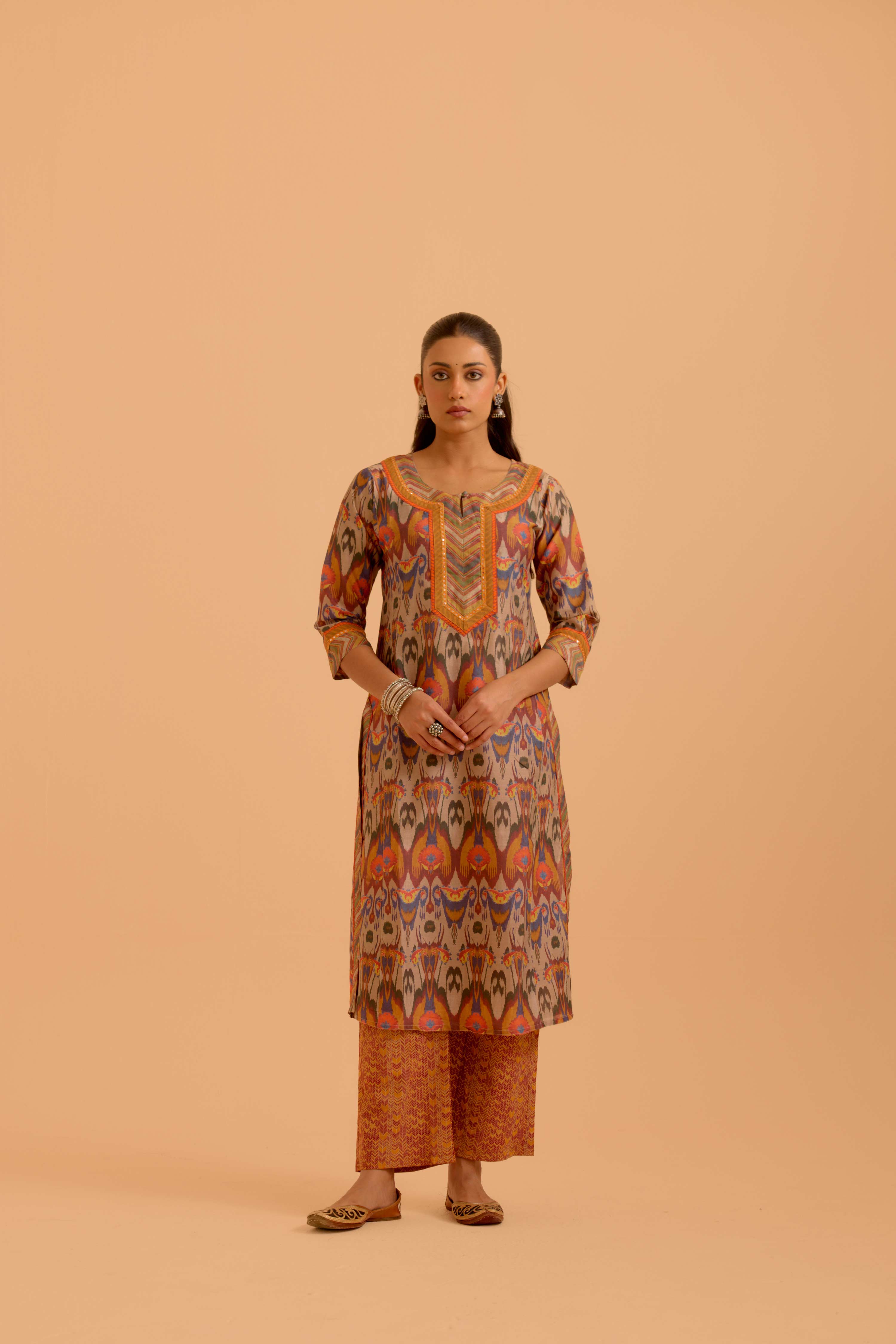 Rozana Chanderi Printed Kurta Beige Orange (Set Of 3)