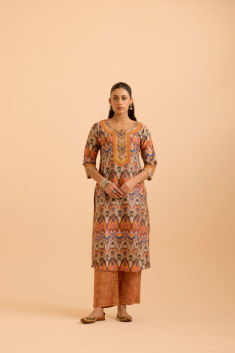 Rozana Chanderi Printed Kurta Beige Orange (Set Of 3)