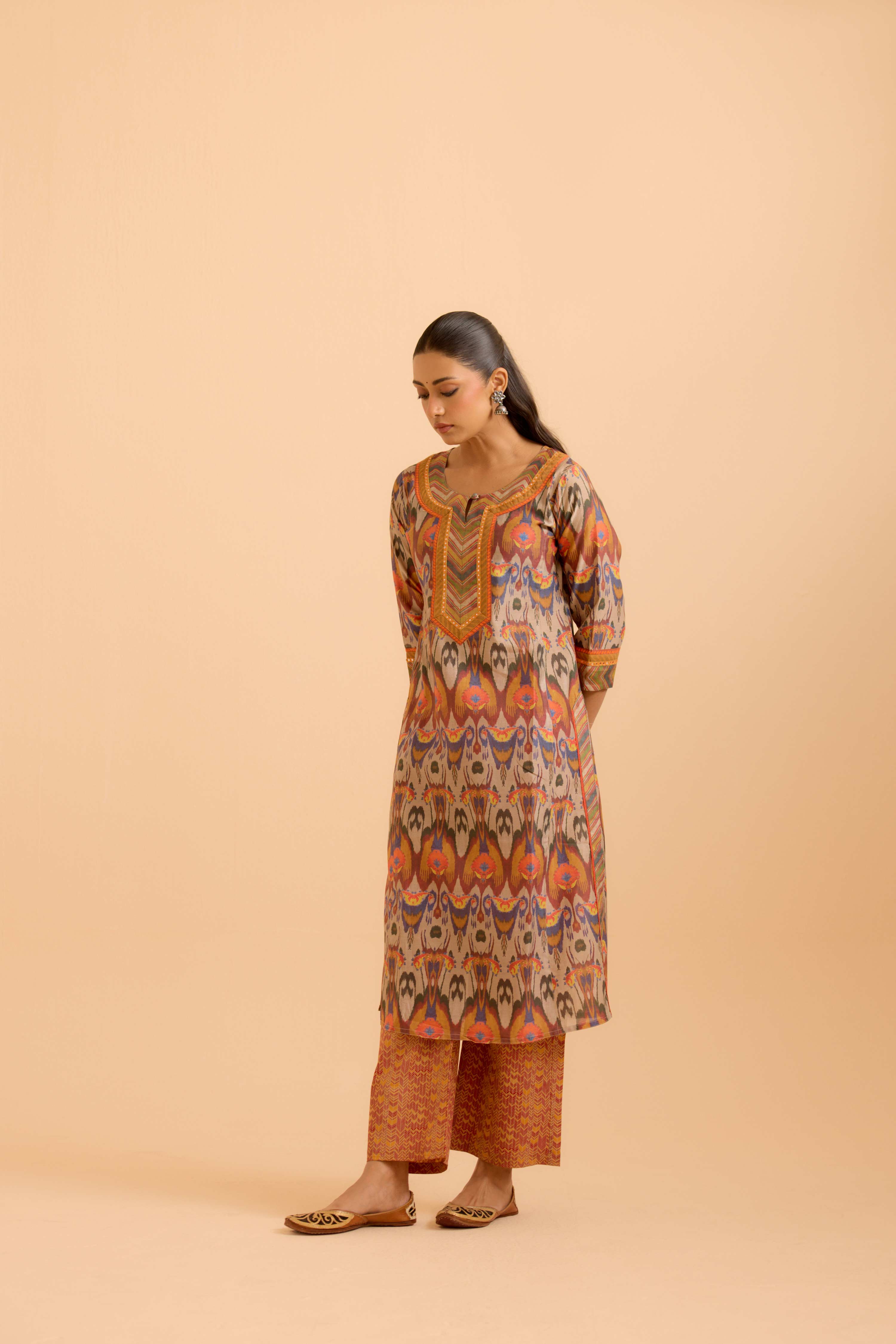 Rozana Chanderi Printed Kurta Beige Orange (Set Of 3)