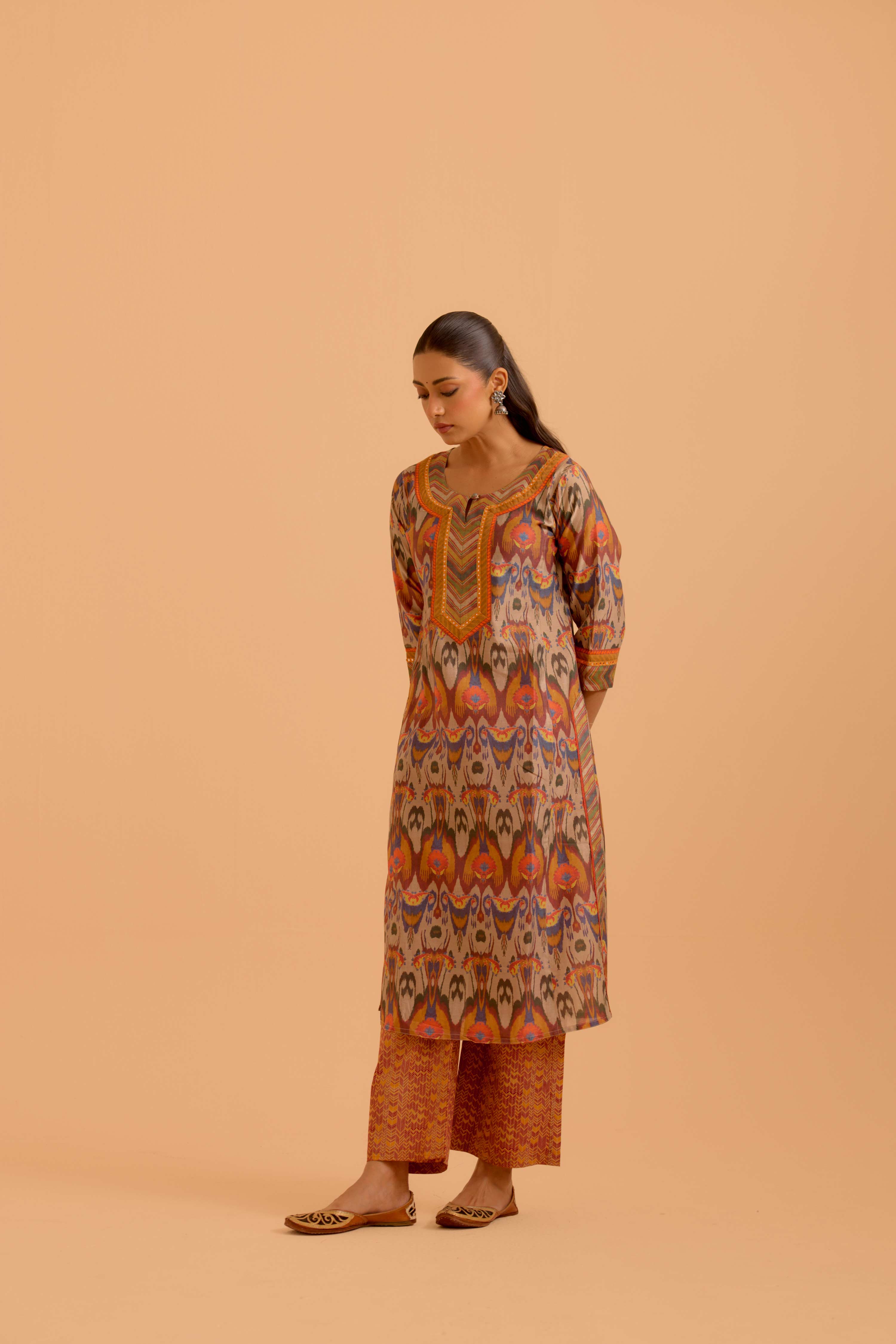 Rozana Chanderi Printed Kurta Beige Orange (Set Of 3)