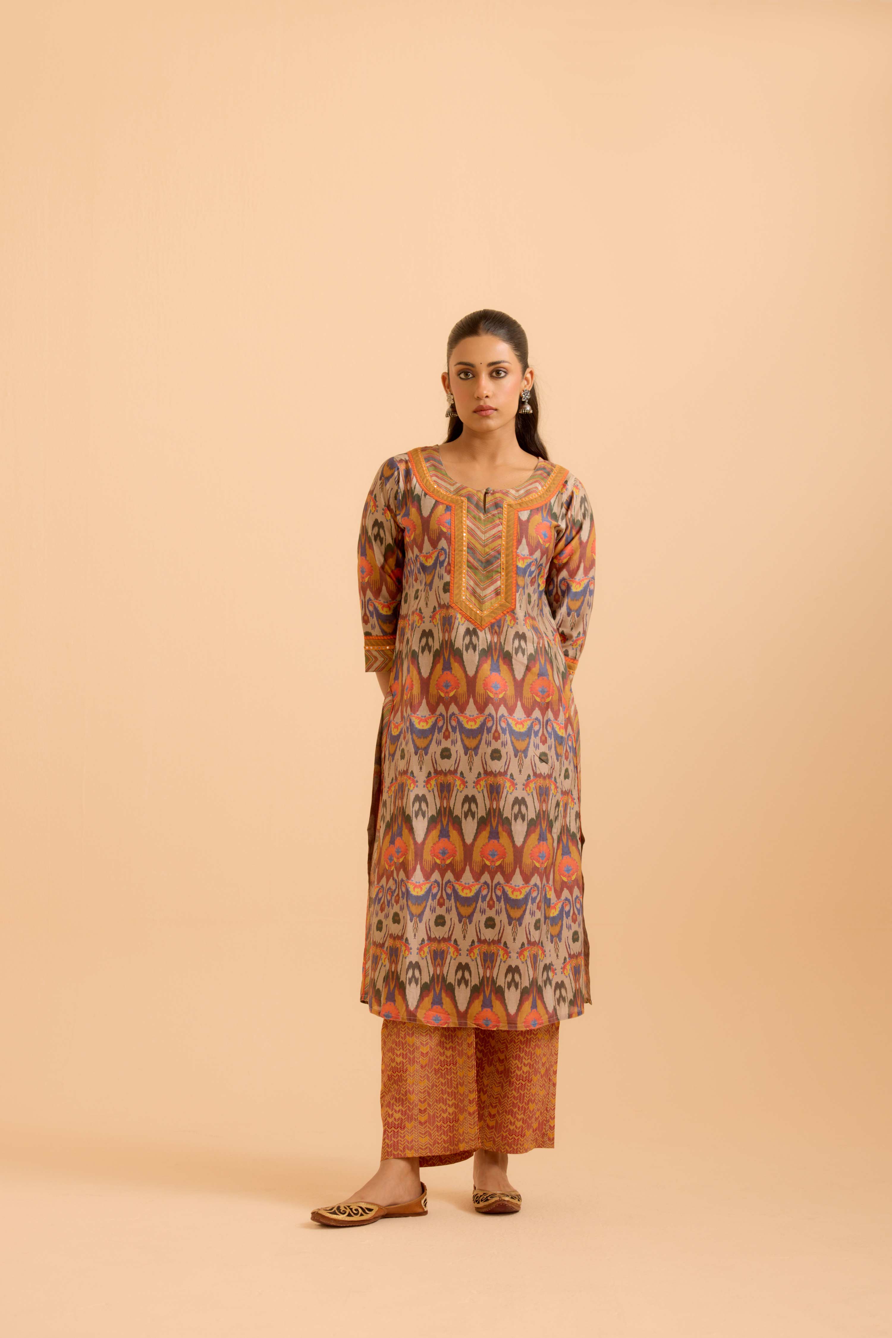 Rozana Chanderi Printed Kurta Beige Orange (Set Of 3)