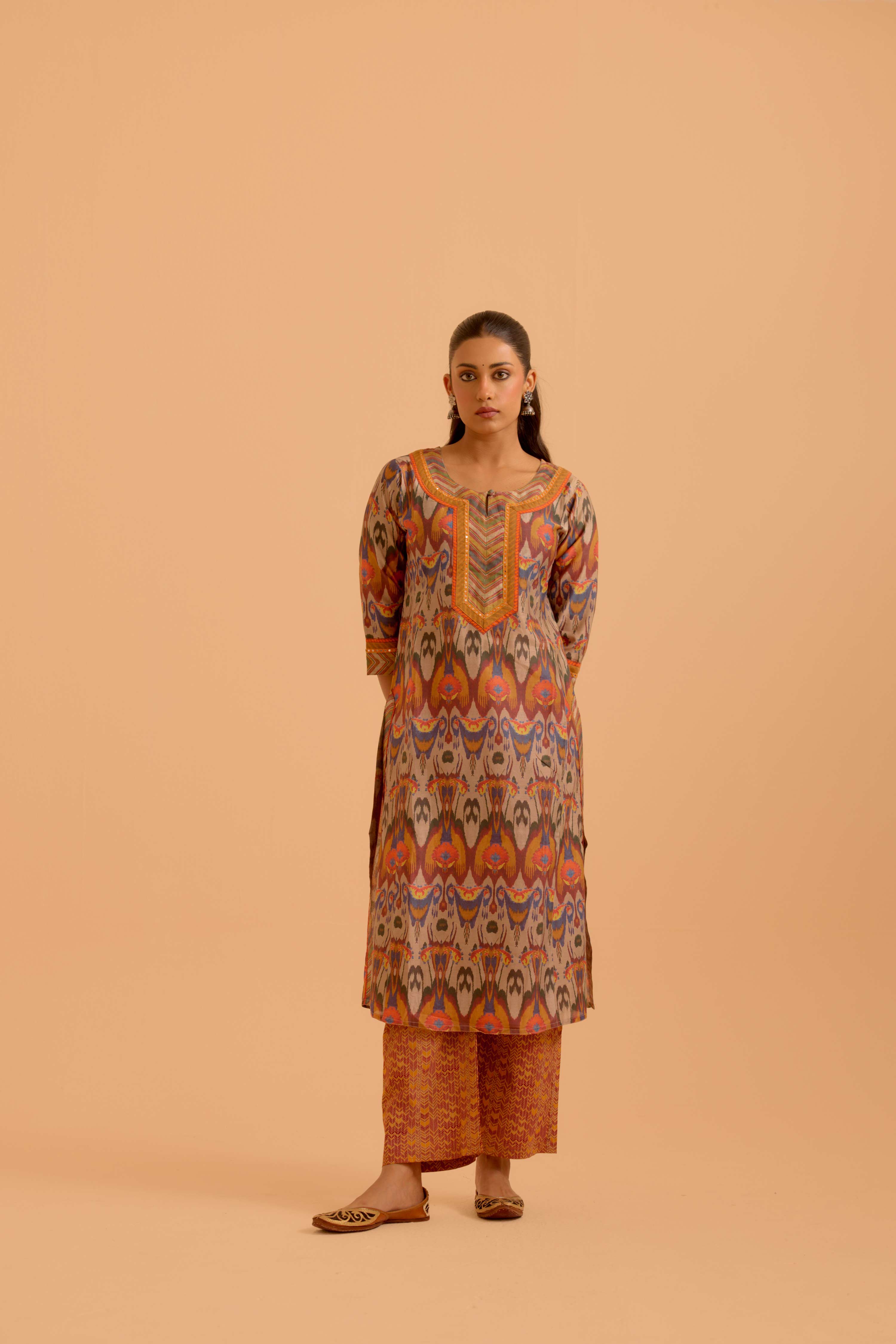 Rozana Chanderi Printed Kurta Beige Orange (Set Of 3)